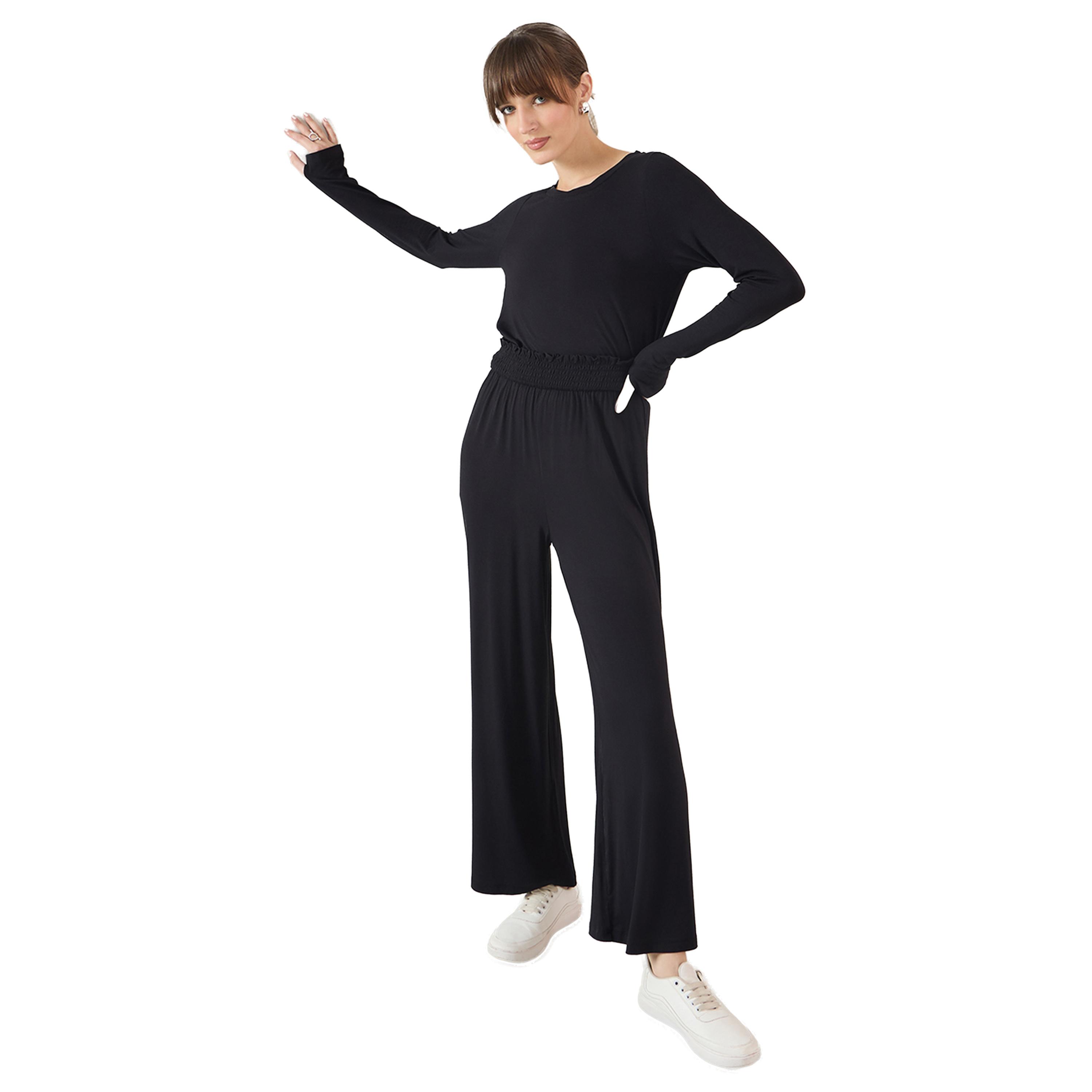 فيميلا × ستايلي-  بنطال محبوك واسع بخصر مزركش باللون الأسود-women-clothing-bottoms-trousers-image-1