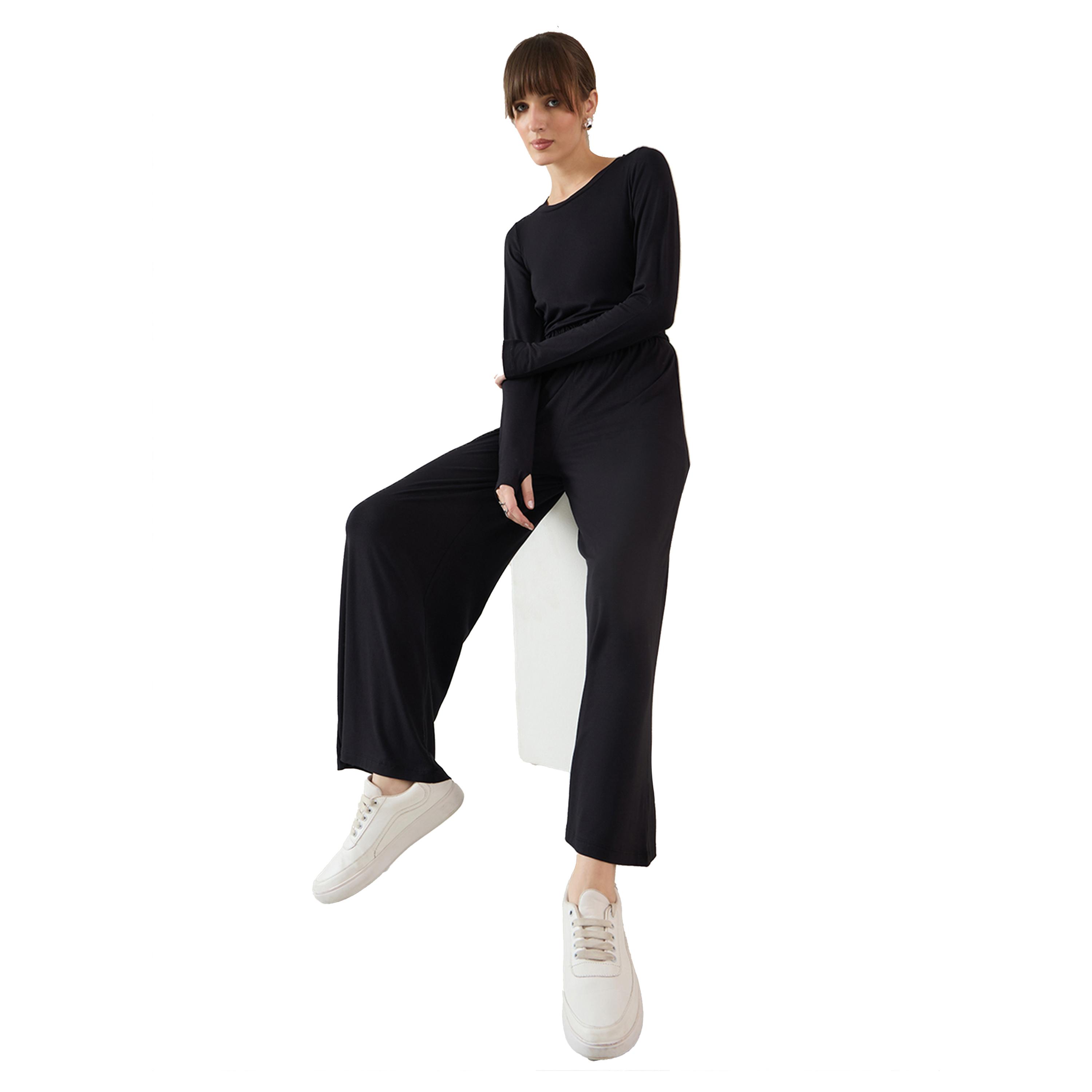 فيميلا × ستايلي-  بنطال محبوك واسع بخصر مزركش باللون الأسود-women-clothing-bottoms-trousers-image-2