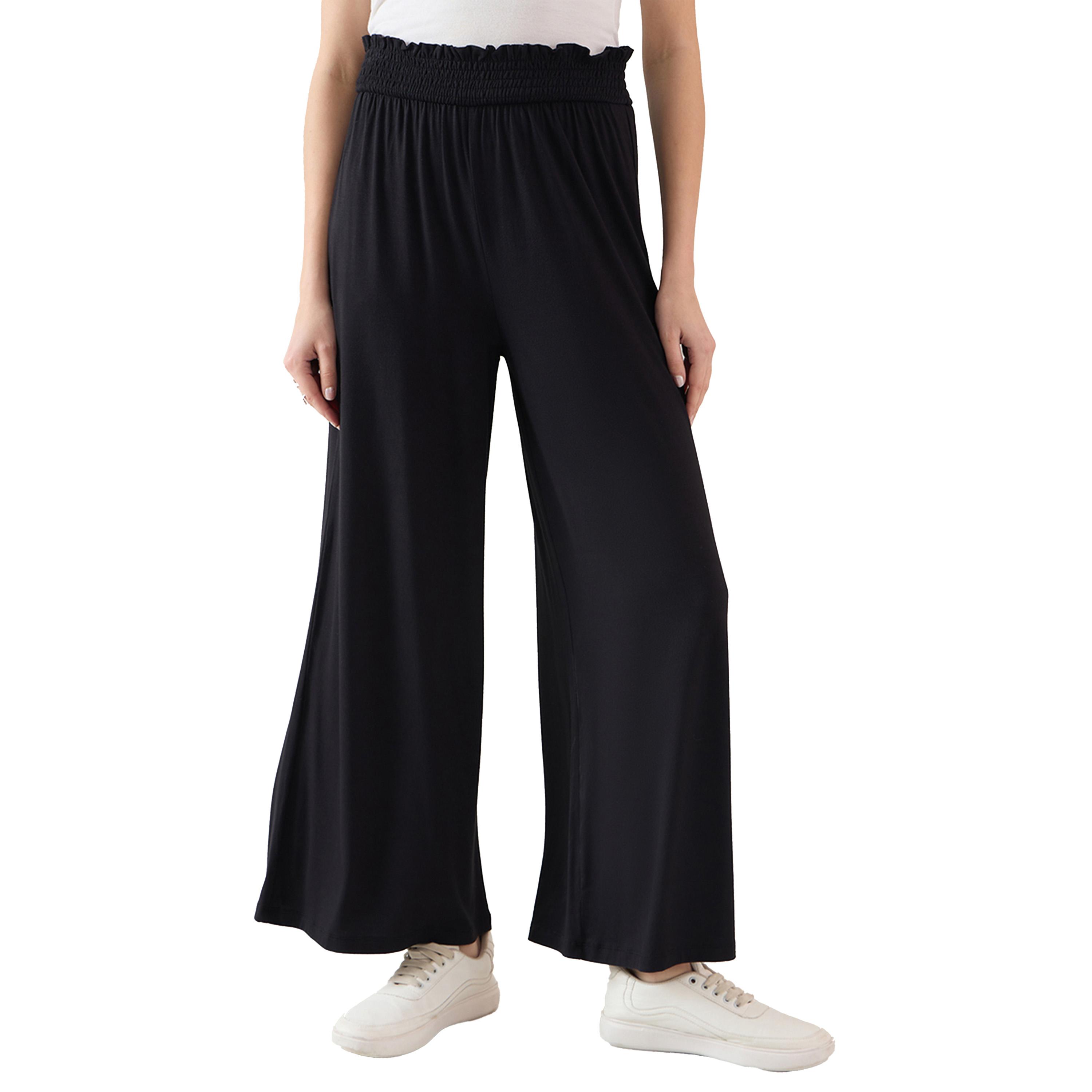 Femmella X Styli Black Smocked Waistband Flared Knit Pants-women-clothing-bottoms-trousers-image-3