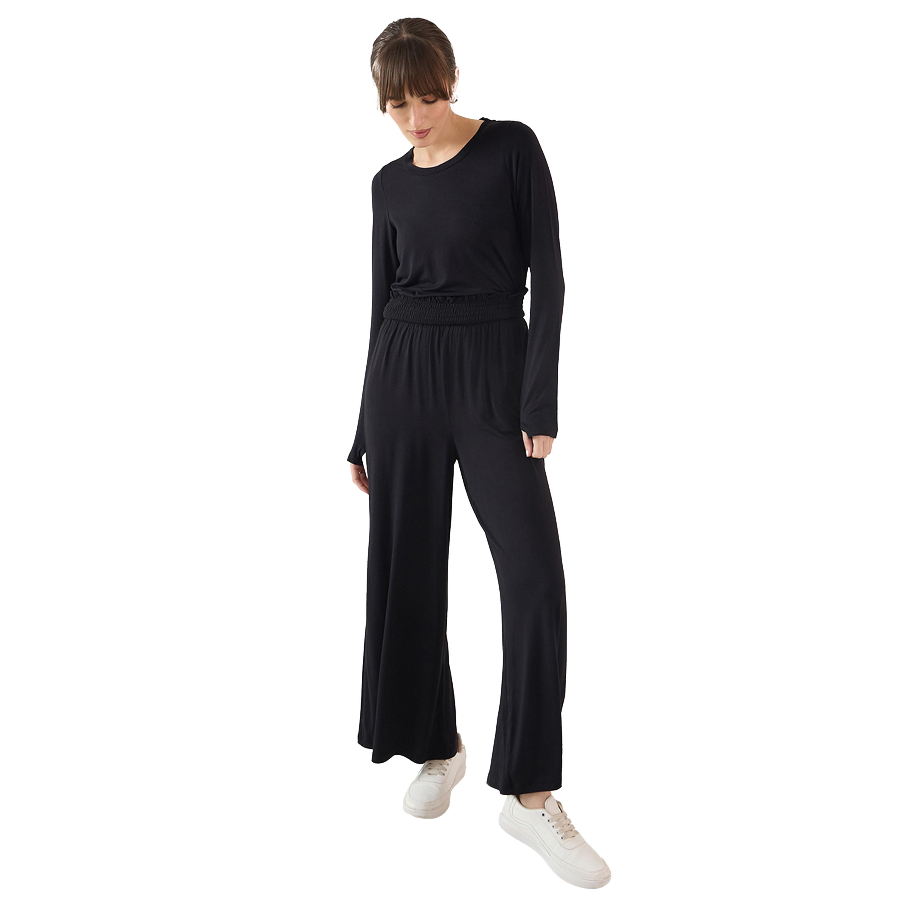 Femmella X Styli Black Smocked Waistband Flared Knit Pants-women-clothing-bottoms-trousers-image-6