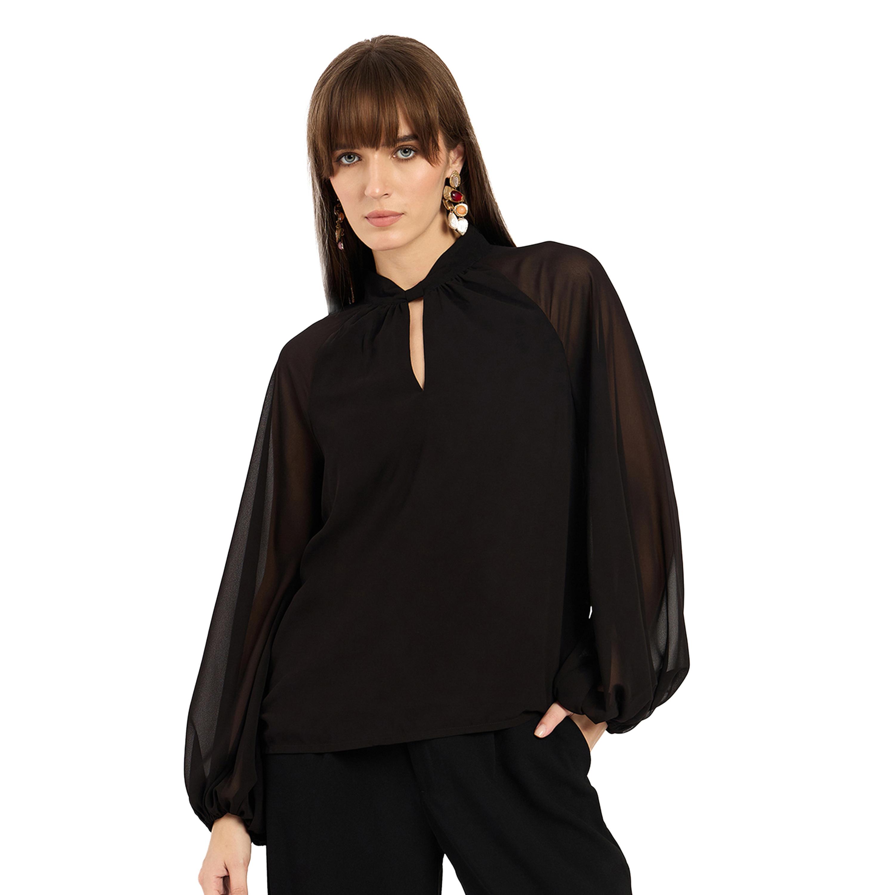 Femmella X Styli Solid High Neck Balloon Sleeves Top-women-clothing-shirtsandblouses-blouses-image-1