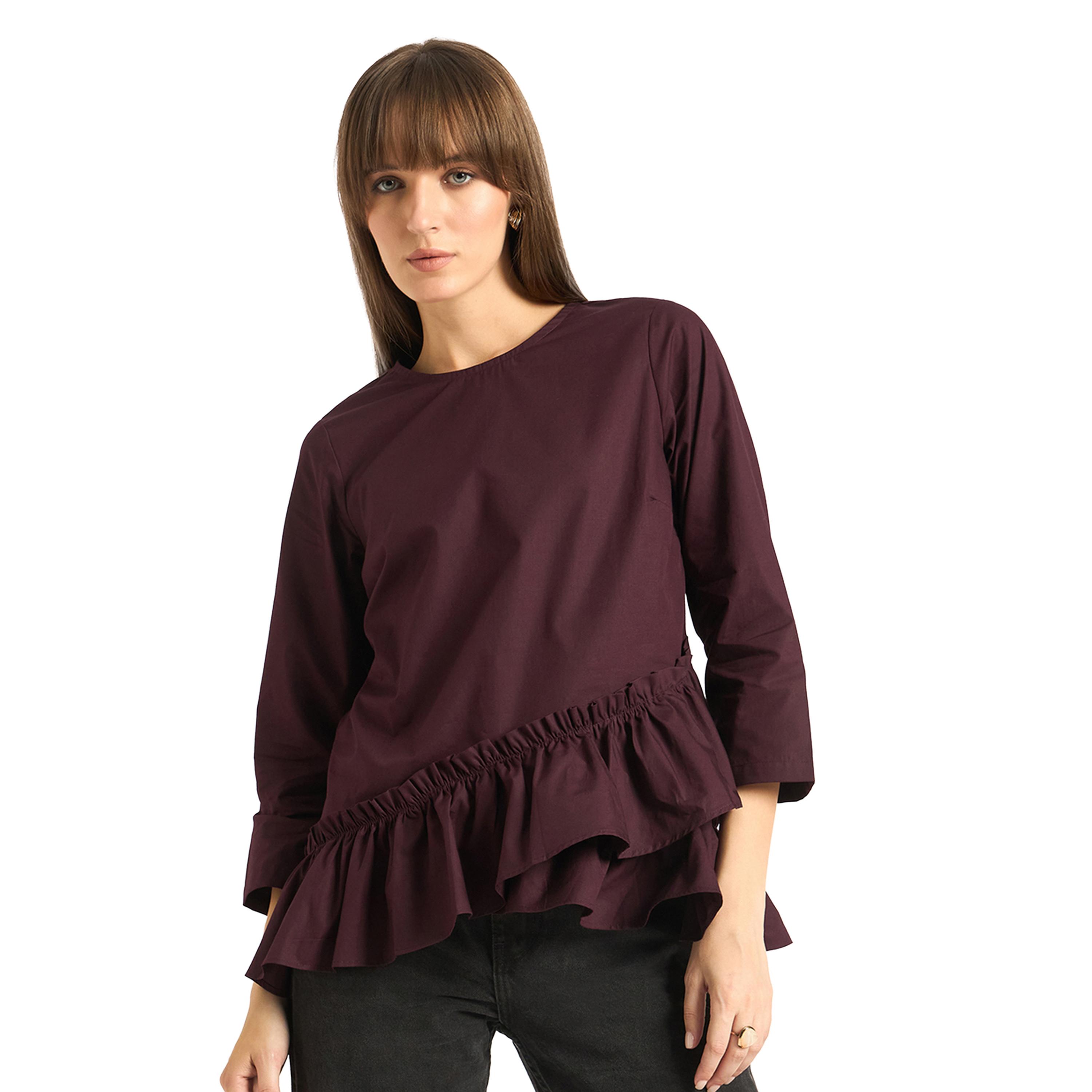 فيميلا × ستايلي-  بلوزة بوبلين سادة بتفاصيل كشكشة غير متماثلة-women-clothing-shirtsandblouses-blouses-image-1