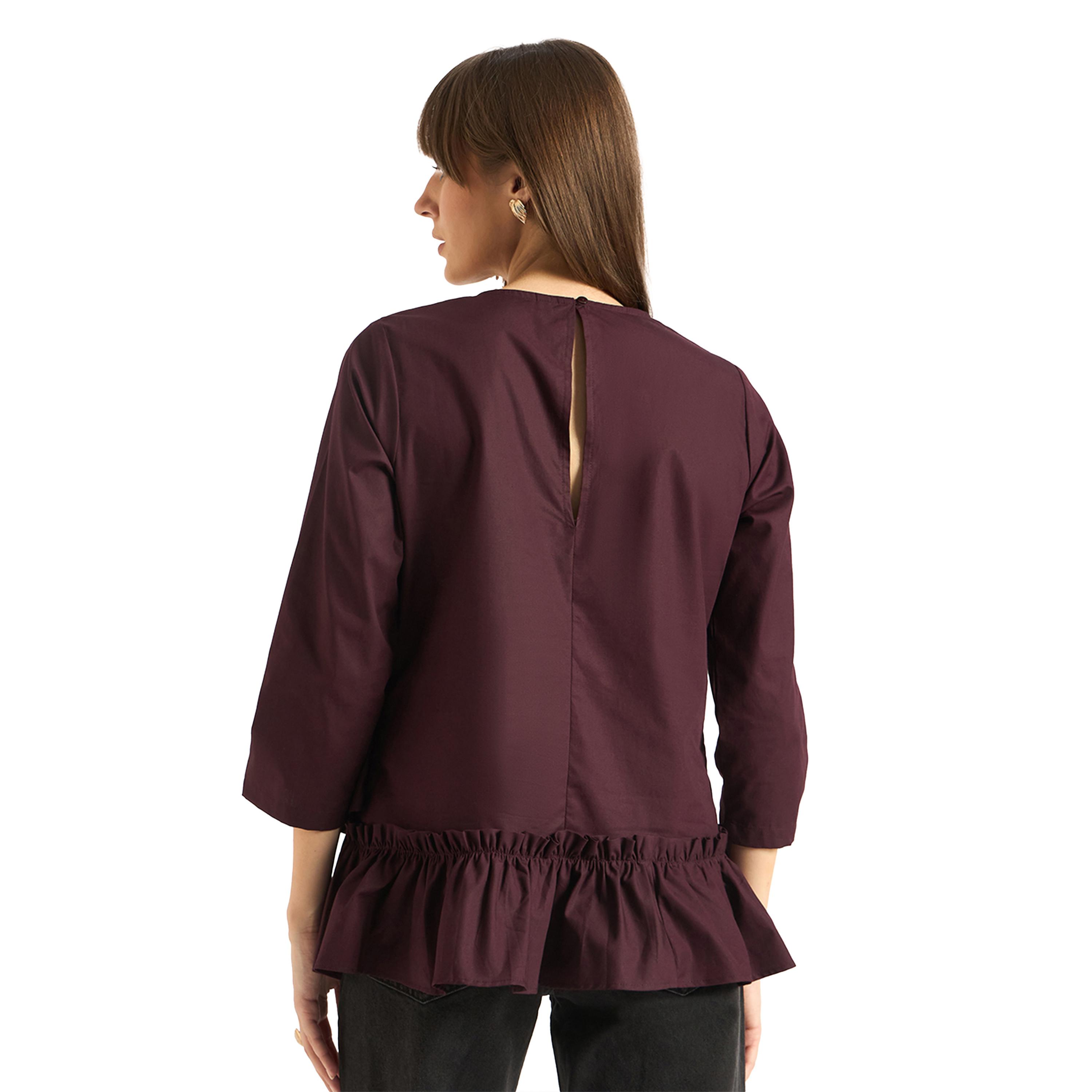 فيميلا × ستايلي-  بلوزة بوبلين سادة بتفاصيل كشكشة غير متماثلة-women-clothing-shirtsandblouses-blouses-image-2