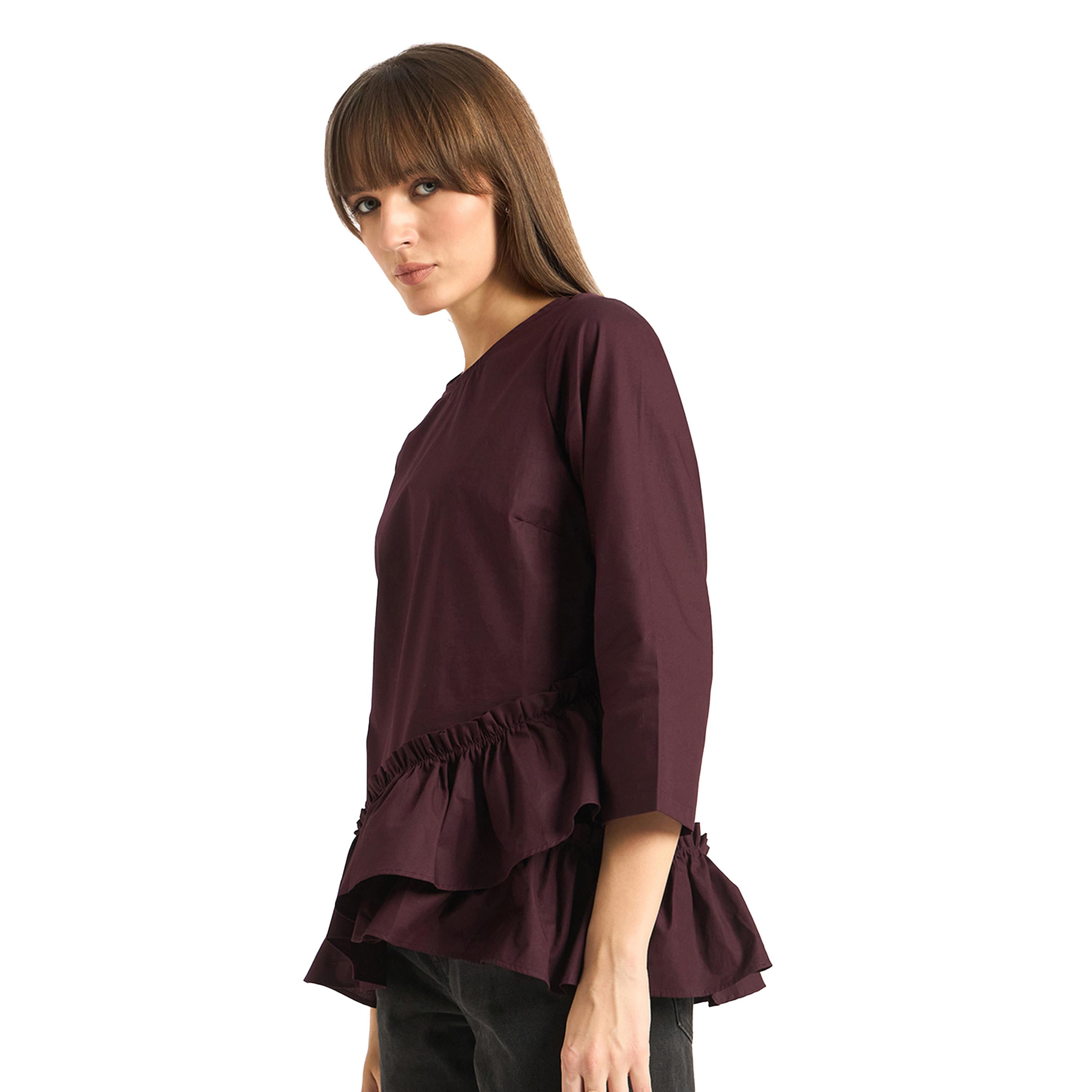 فيميلا × ستايلي-  بلوزة بوبلين سادة بتفاصيل كشكشة غير متماثلة-women-clothing-shirtsandblouses-blouses-image-3