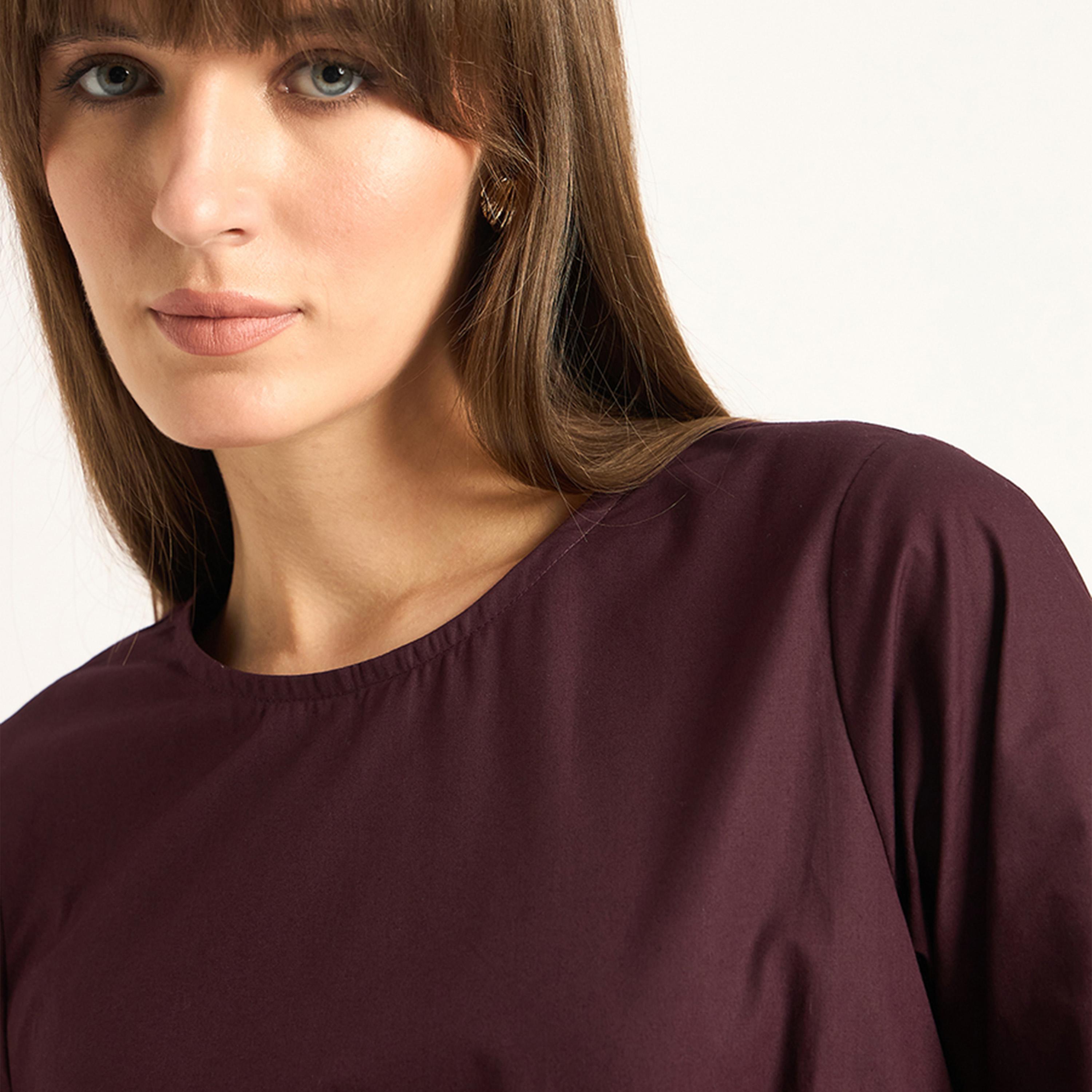 فيميلا × ستايلي-  بلوزة بوبلين سادة بتفاصيل كشكشة غير متماثلة-women-clothing-shirtsandblouses-blouses-image-4