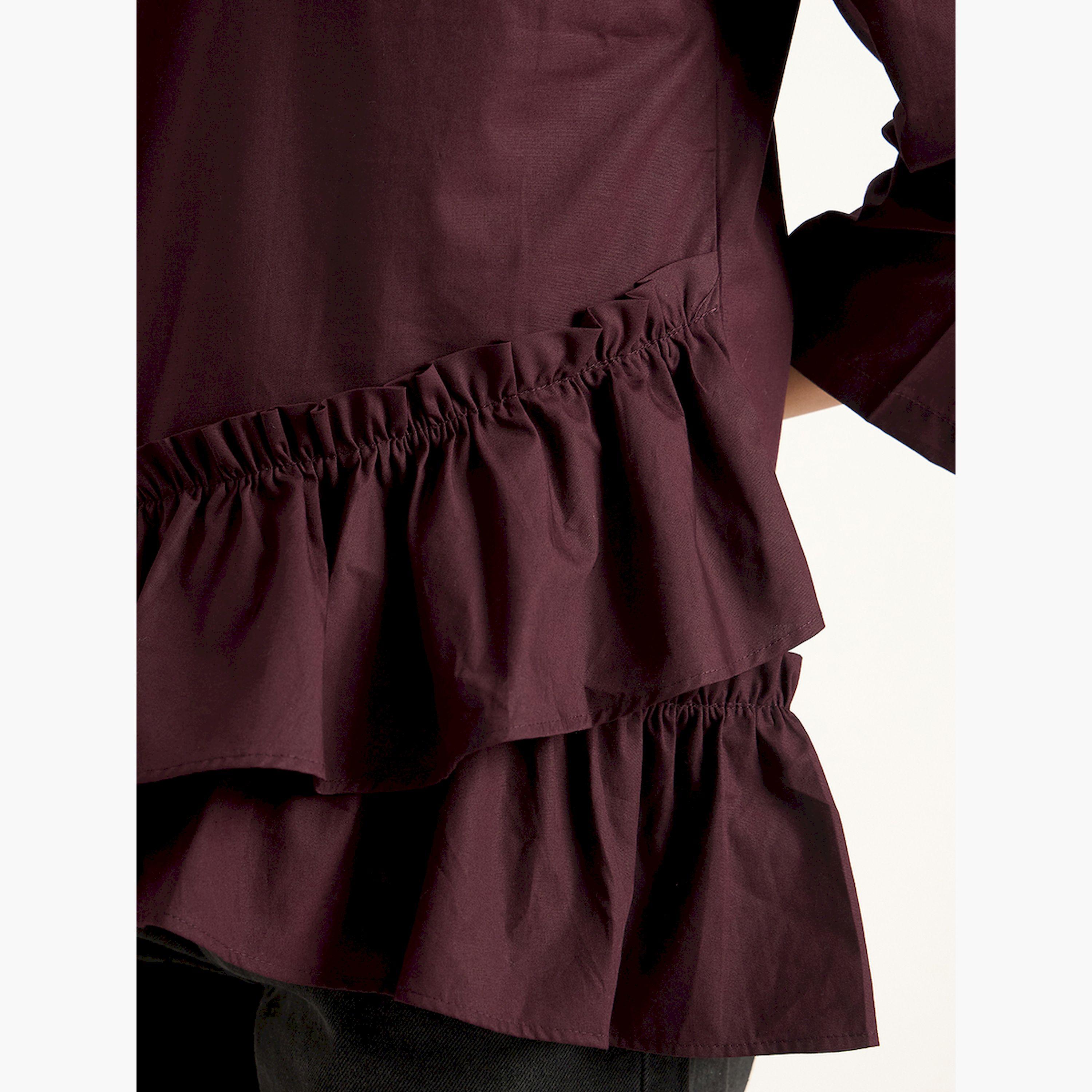 فيميلا × ستايلي-  بلوزة بوبلين سادة بتفاصيل كشكشة غير متماثلة-women-clothing-shirtsandblouses-blouses-image-5