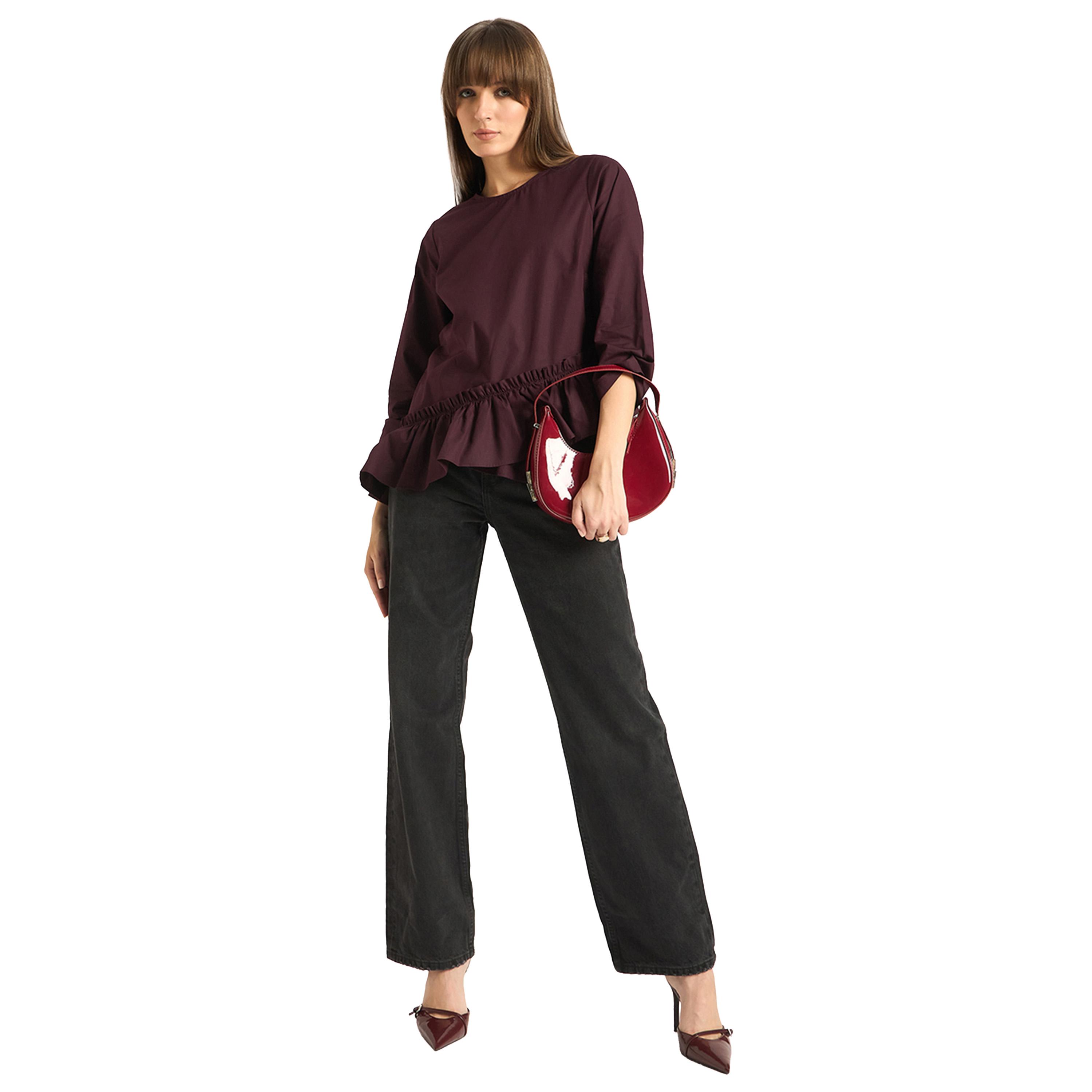 فيميلا × ستايلي-  بلوزة بوبلين سادة بتفاصيل كشكشة غير متماثلة-women-clothing-shirtsandblouses-blouses-image-6