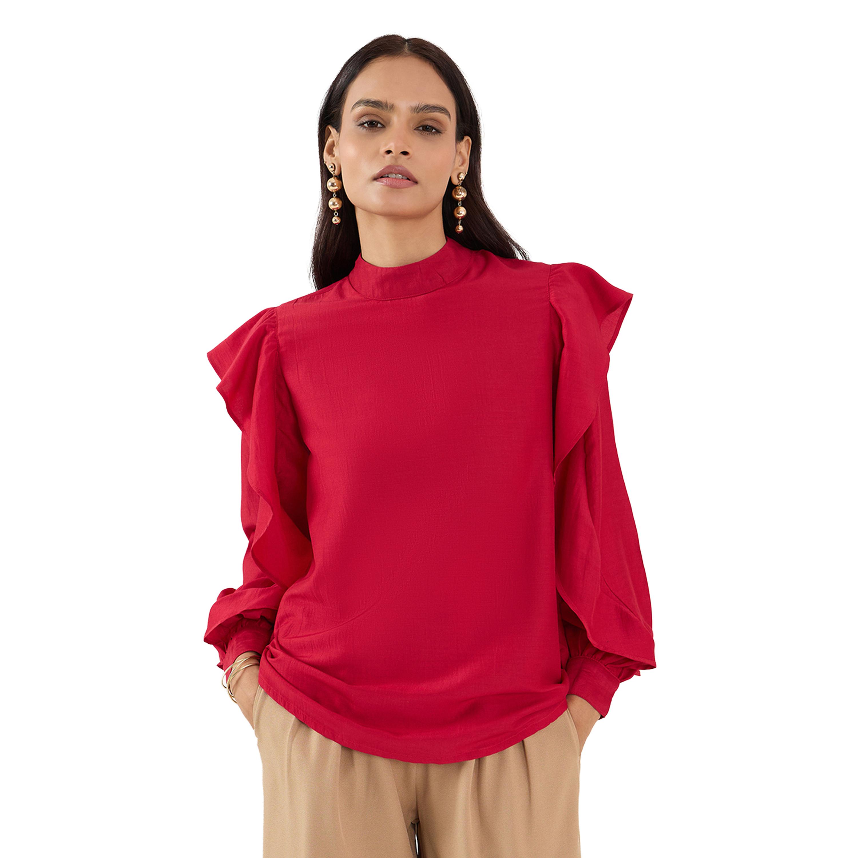 Femmella X Styli Solid Ruffled Detail High Neck Top-women-clothing-shirtsandblouses-blouses-image-1
