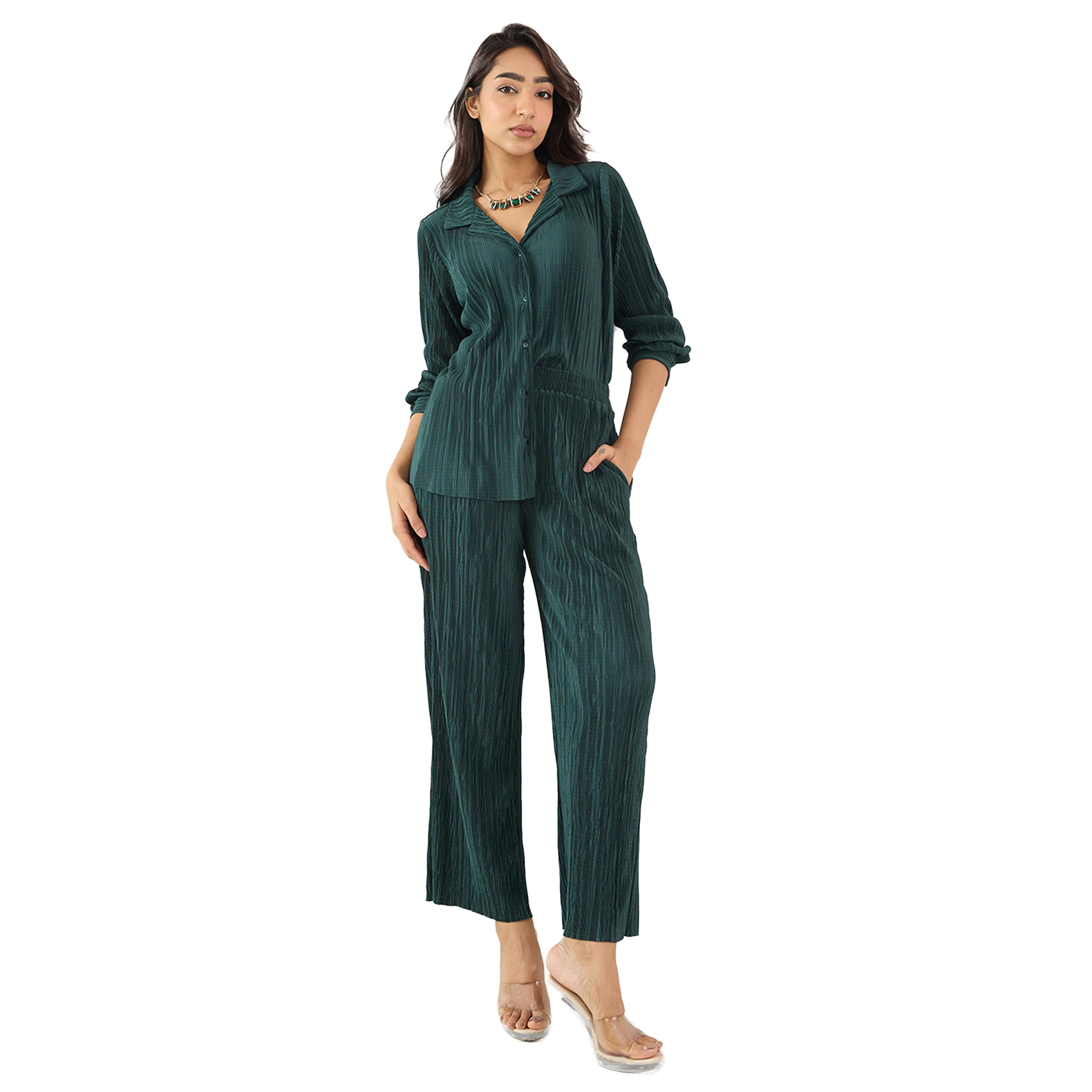 Femmella X Styli Green Pleated Notch Lapel Regular Fit Shirt-women-clothing-shirtsandblouses-shirts-image-1