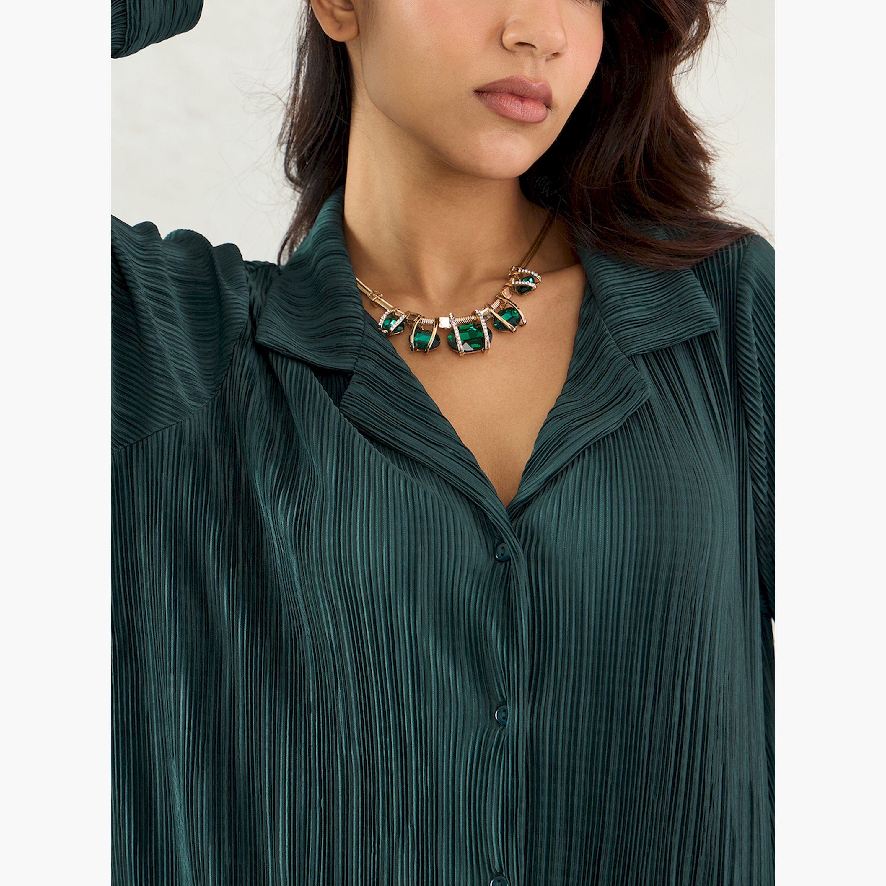 فيميلا × ستايلي-  قميص أخضر بقصّة عادية مع طيّات وفتحات في الياقة-women-clothing-shirtsandblouses-shirts-image-5