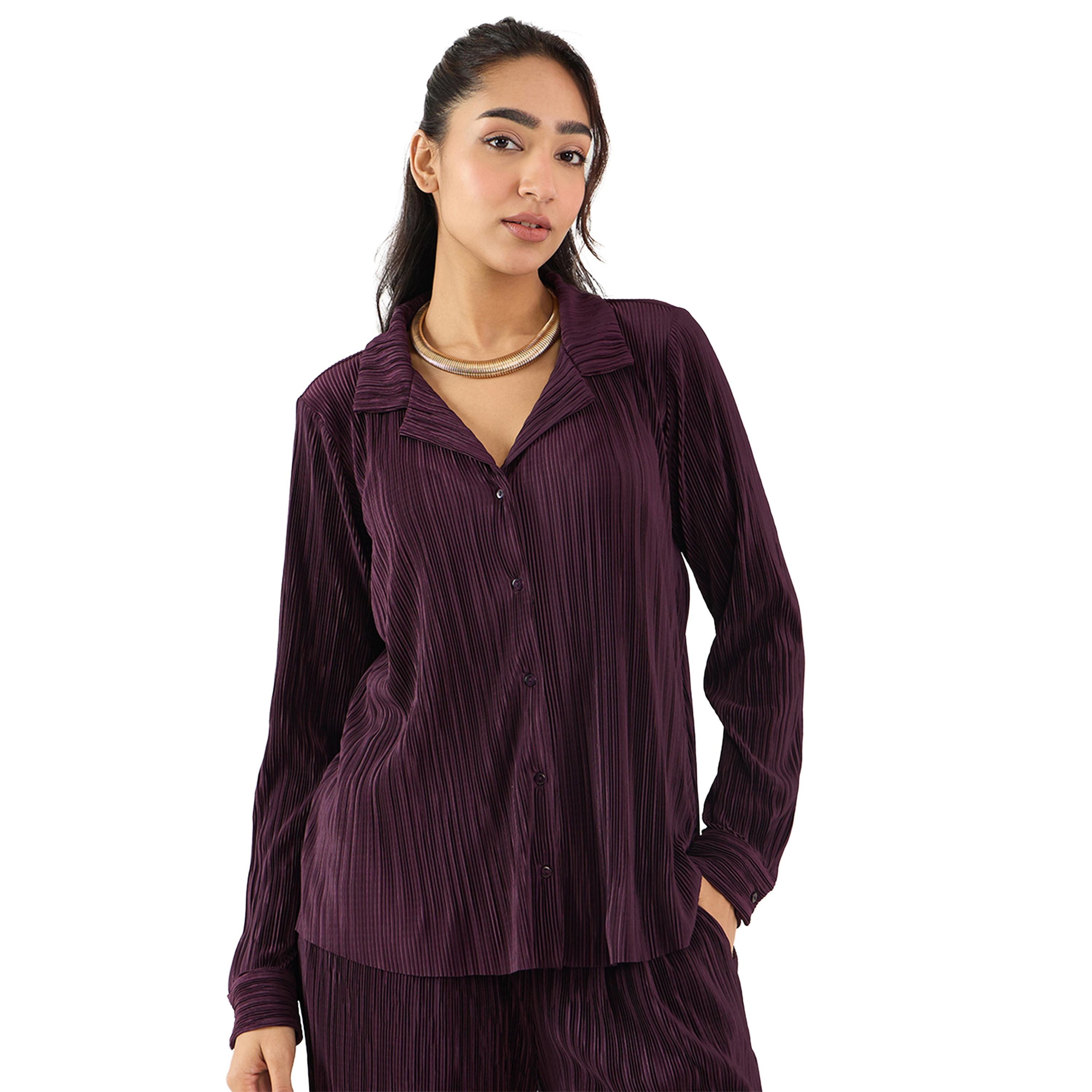 Femmella X Styli Purple Pleated Notch Lapel Regular Fit Shirt-women-clothing-shirtsandblouses-shirts-image-1