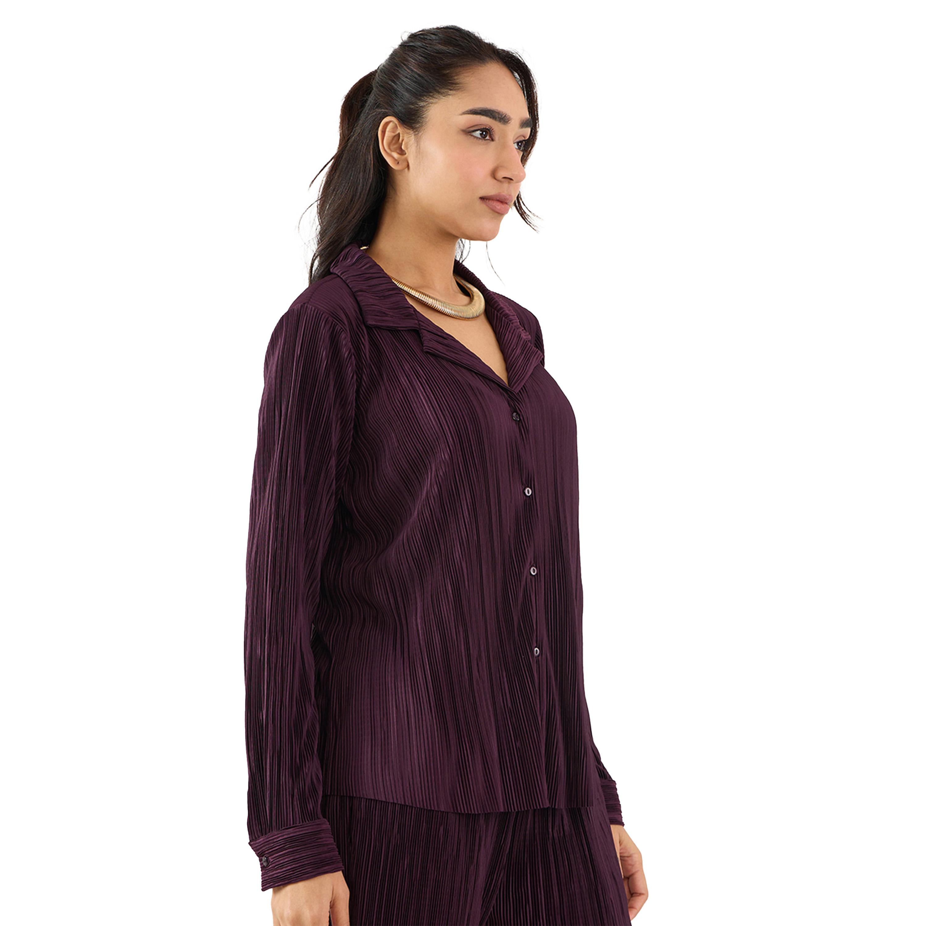 Femmella X Styli Purple Pleated Notch Lapel Regular Fit Shirt-women-clothing-shirtsandblouses-shirts-image-3