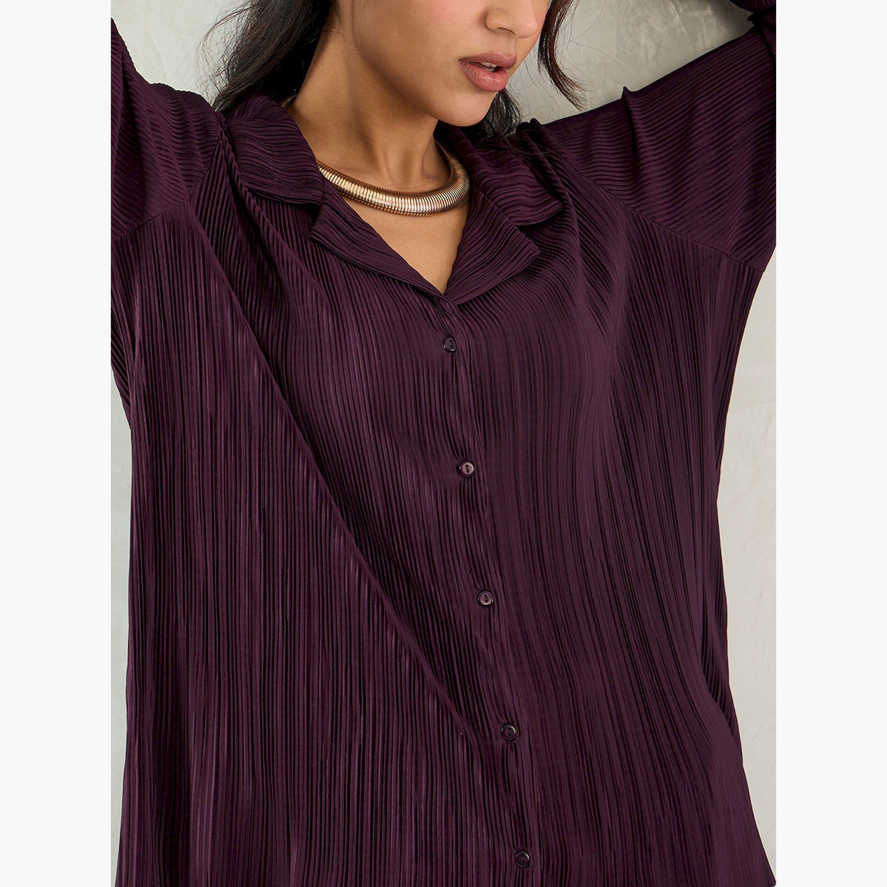 Femmella X Styli Purple Pleated Notch Lapel Regular Fit Shirt-women-clothing-shirtsandblouses-shirts-image-4