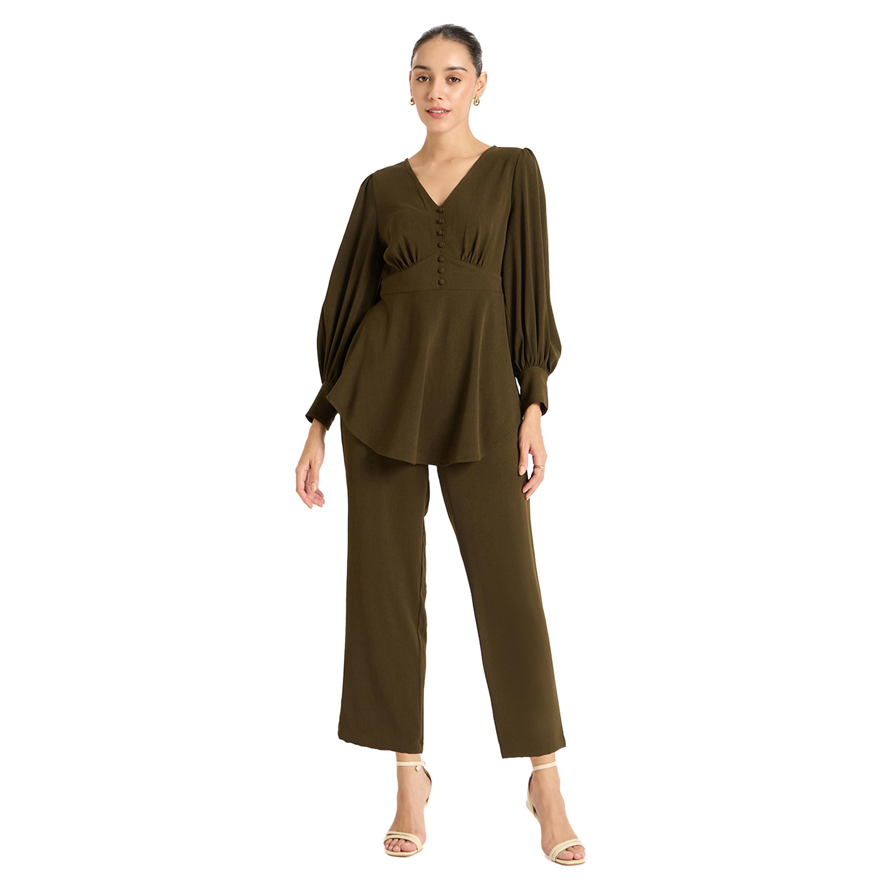 Femmella X Styli Solid V Neck Top and Pants Co-Ords-women-clothing-coordsets-image-1