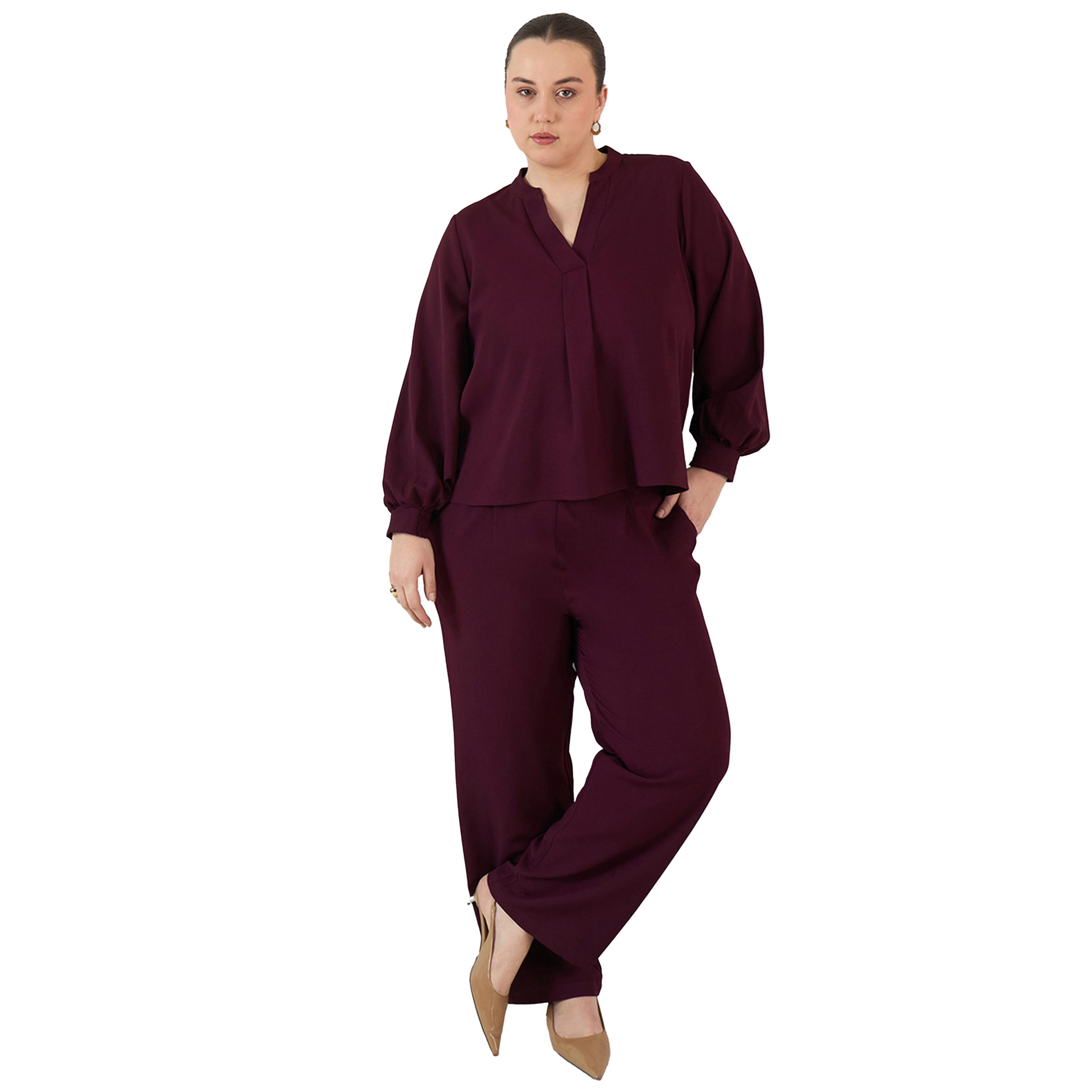 فيميلا × ستايلي-  طقم بلوزة وبنطلون سادة بياقة واسعة بمقاسات كبيرة-women-clothing-dresses-image-5