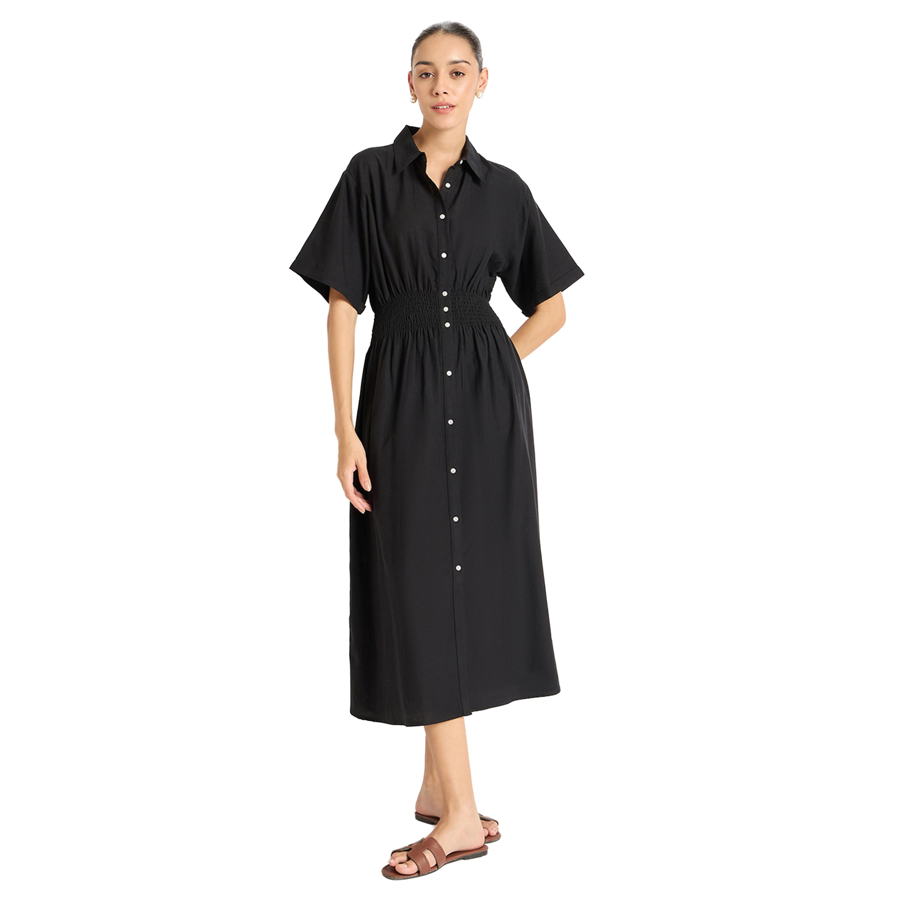 فيميلا × ستايلي-  فستان سادة متوسط ​​الطول بنمط قميص مع خصر مشدود-women-clothing-dresses-image-1