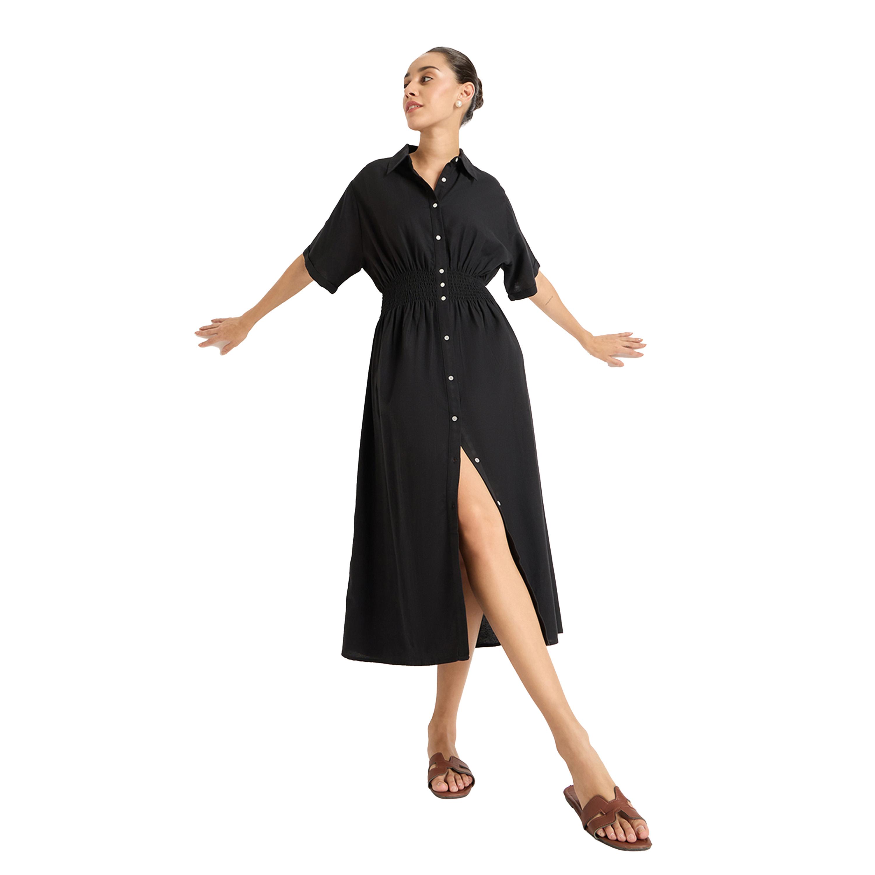 Femmella X Styli Solid Cinched Waist Shirt Midi Dress-women-clothing-dresses-image-4