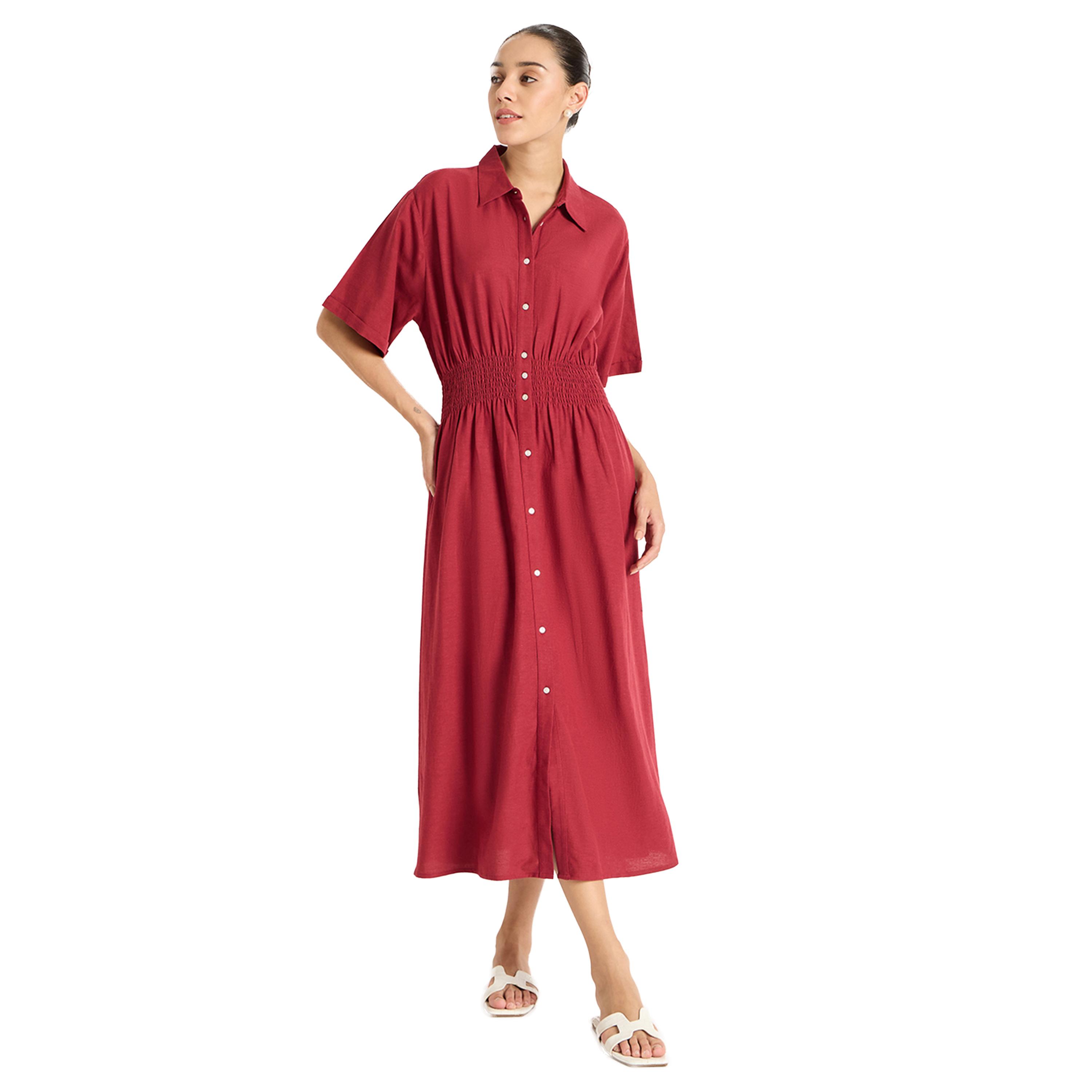فيميلا × ستايلي-  فستان سادة متوسط ​​الطول بنمط قميص مع خصر مشدود-women-clothing-dresses-image-1