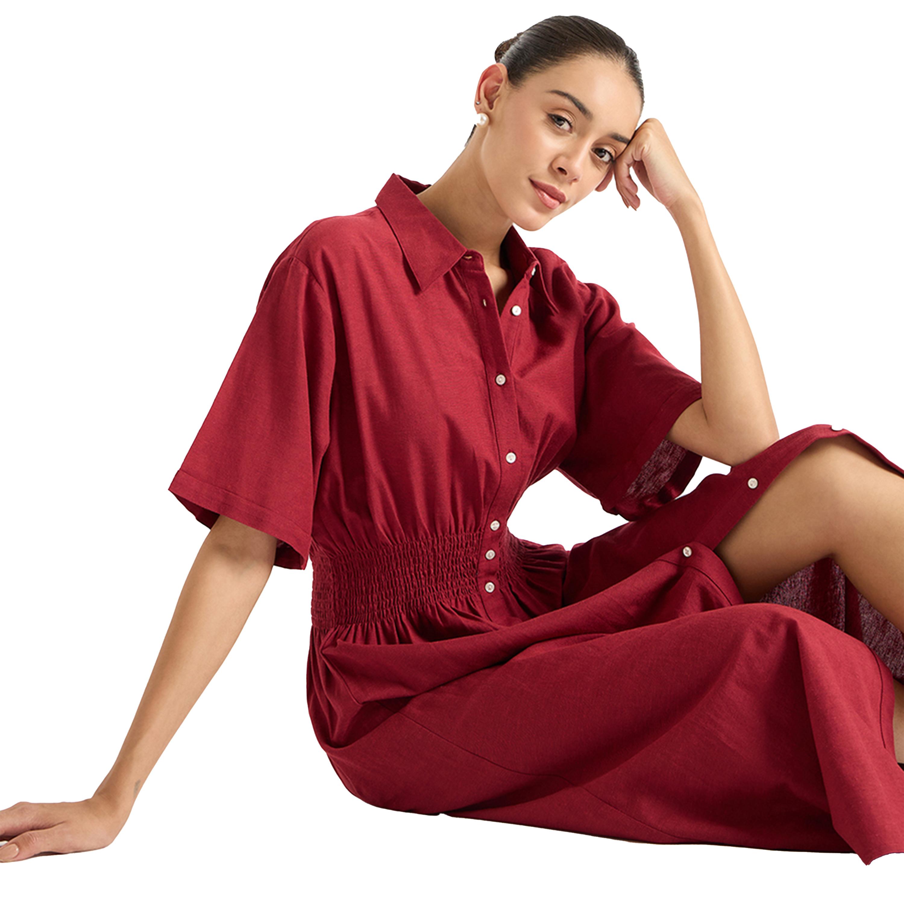فيميلا × ستايلي-  فستان سادة متوسط ​​الطول بنمط قميص مع خصر مشدود-women-clothing-dresses-image-2