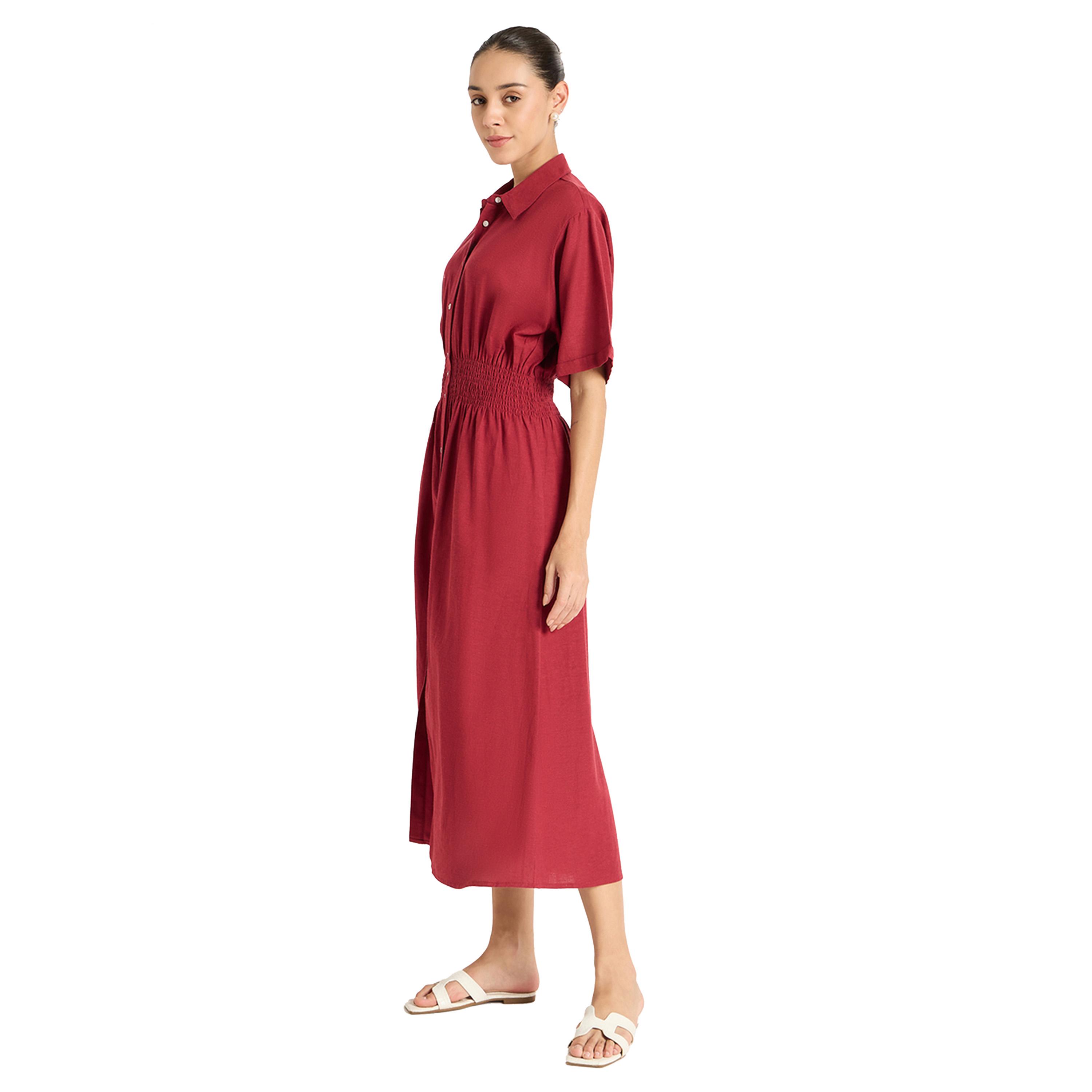 فيميلا × ستايلي-  فستان سادة متوسط ​​الطول بنمط قميص مع خصر مشدود-women-clothing-dresses-image-3