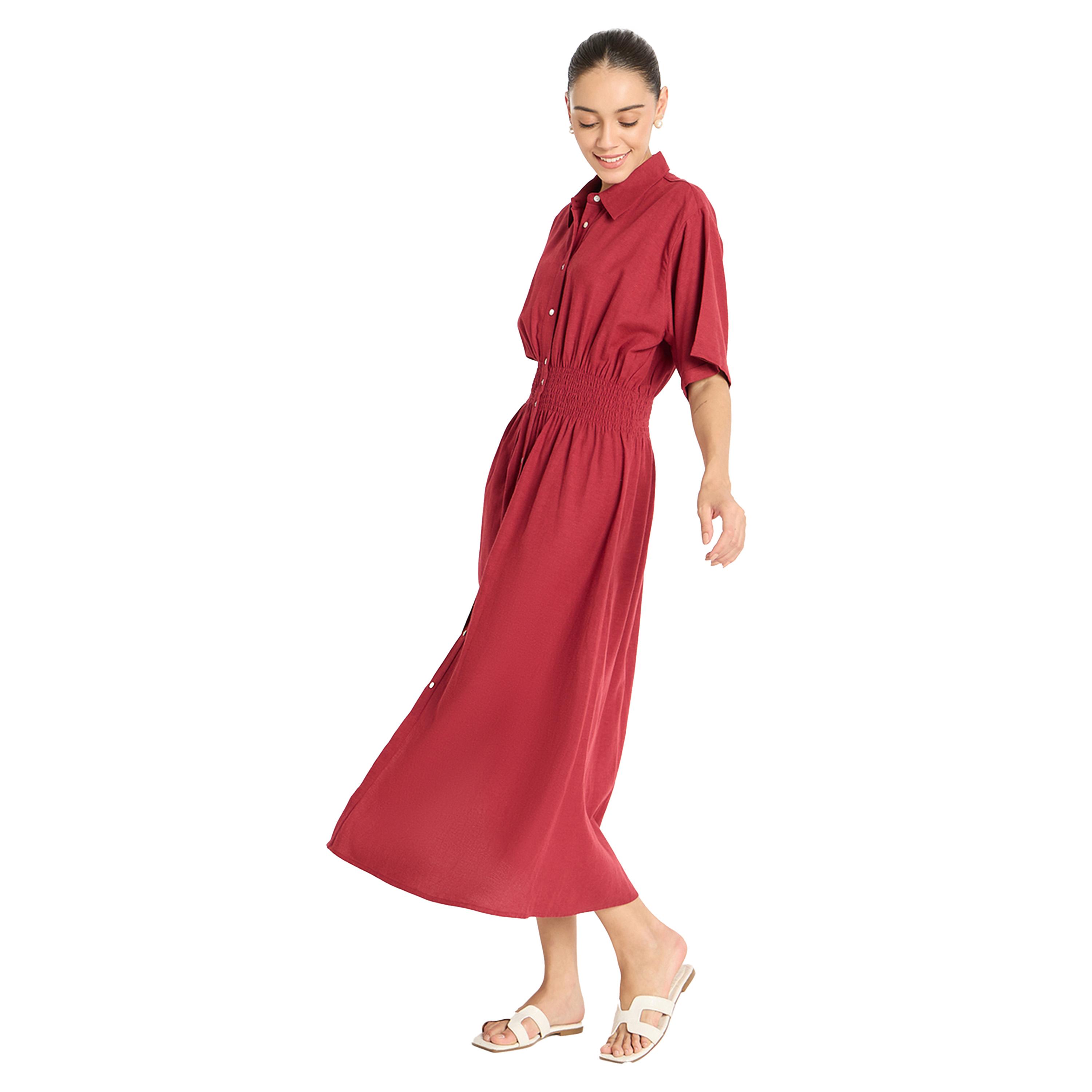فيميلا × ستايلي-  فستان سادة متوسط ​​الطول بنمط قميص مع خصر مشدود-women-clothing-dresses-image-4