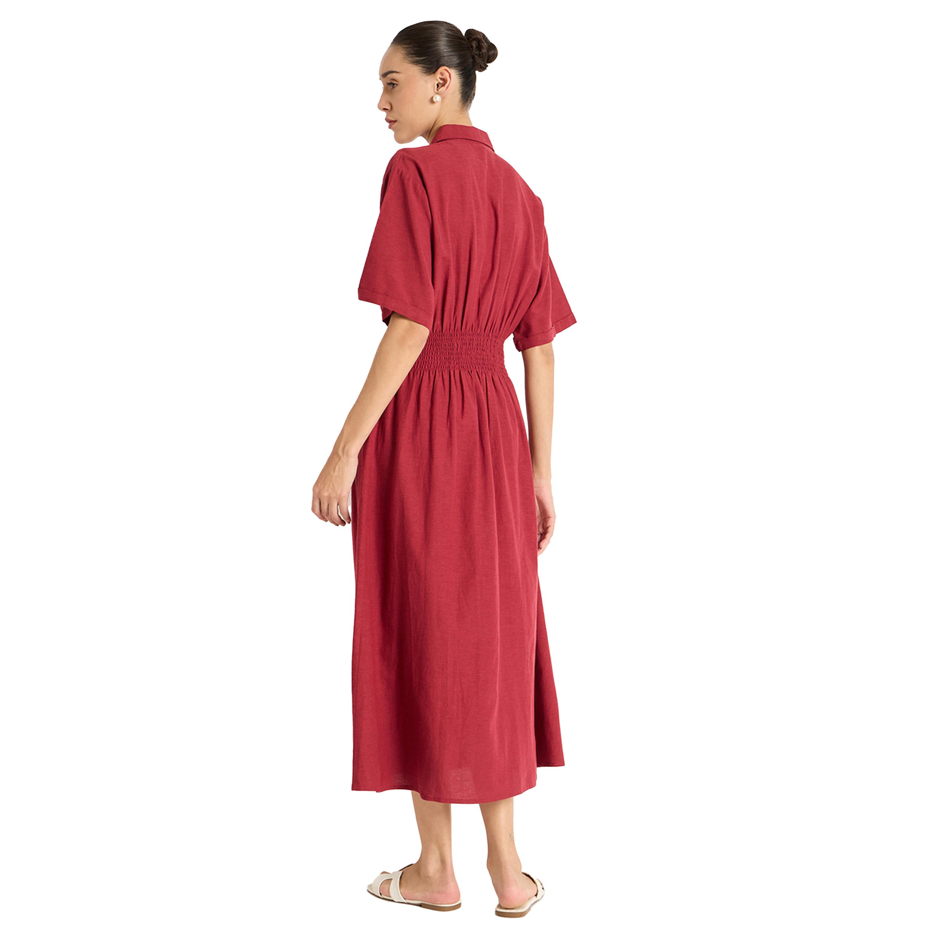 فيميلا × ستايلي-  فستان سادة متوسط ​​الطول بنمط قميص مع خصر مشدود-women-clothing-dresses-image-5