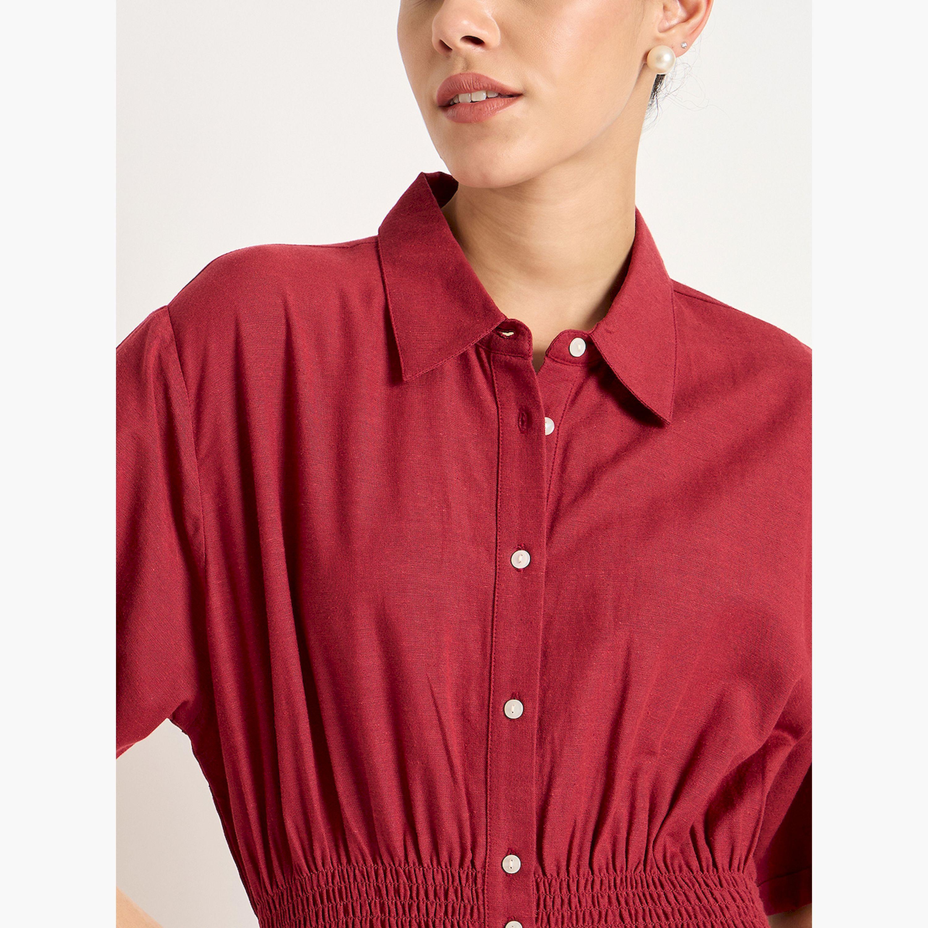 فيميلا × ستايلي-  فستان سادة متوسط ​​الطول بنمط قميص مع خصر مشدود-women-clothing-dresses-image-6