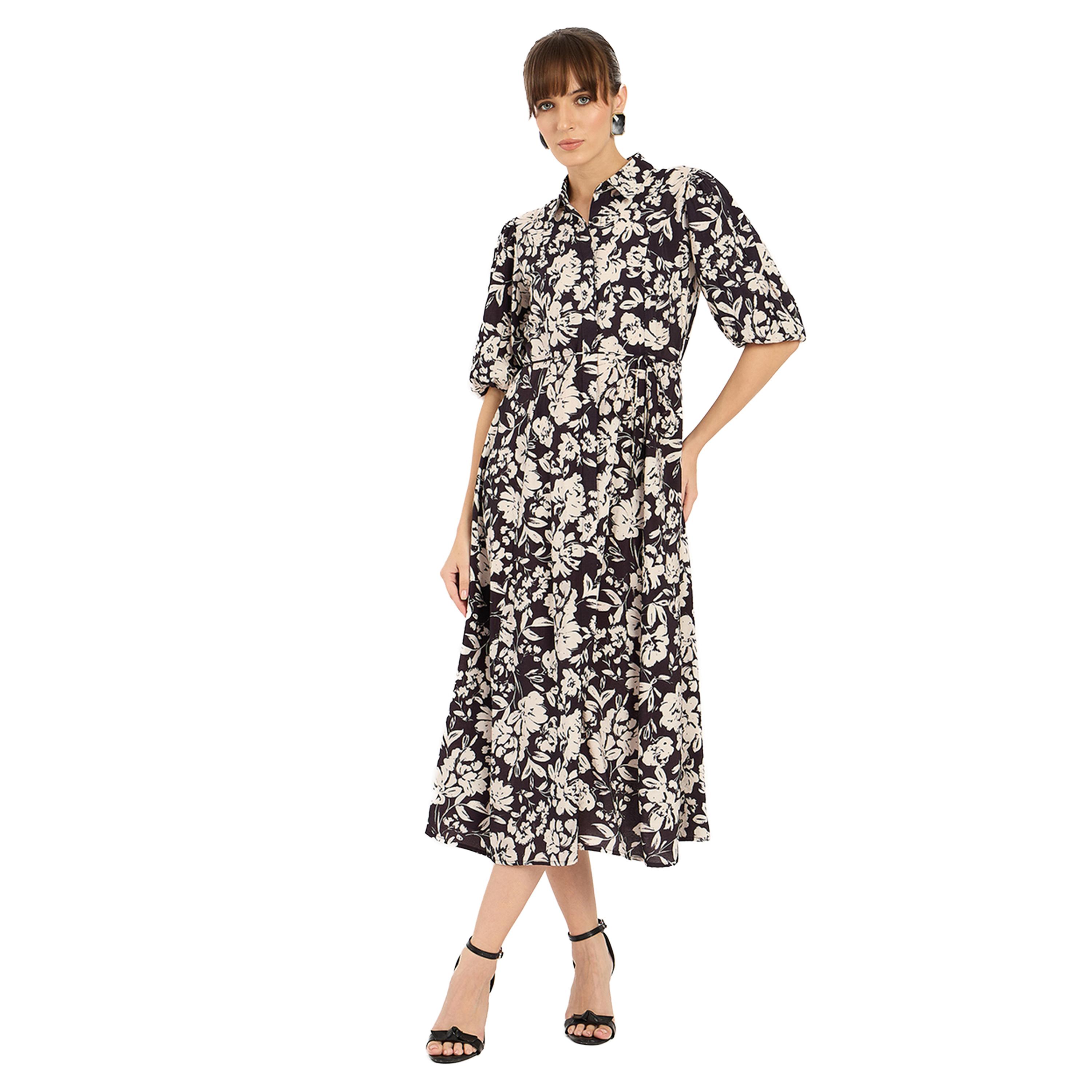 فيميلا × ستايلي-  فستان ميدي ياقة وطبعة زهور-women-clothing-dresses-image-1