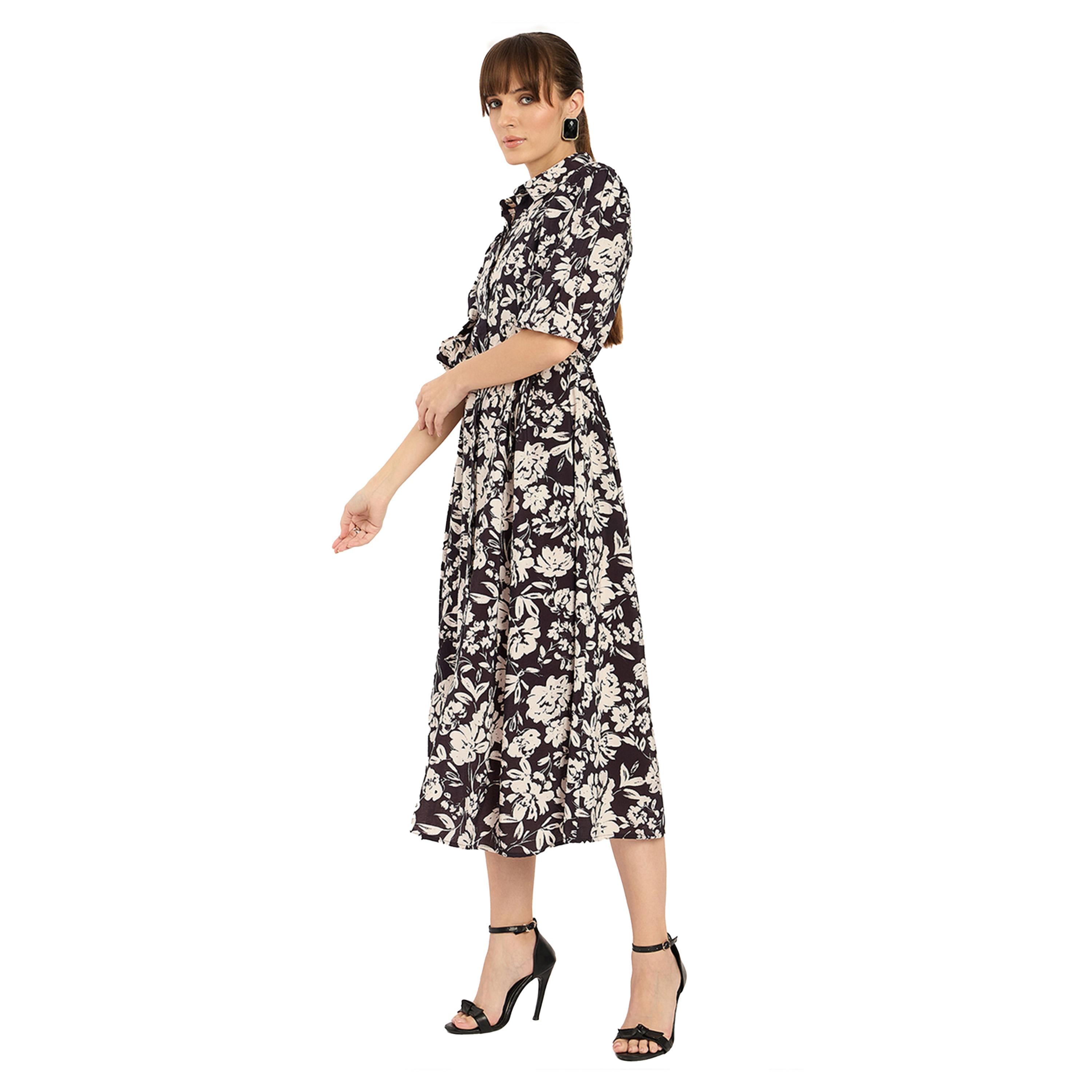 فيميلا × ستايلي-  فستان ميدي ياقة وطبعة زهور-women-clothing-dresses-image-3