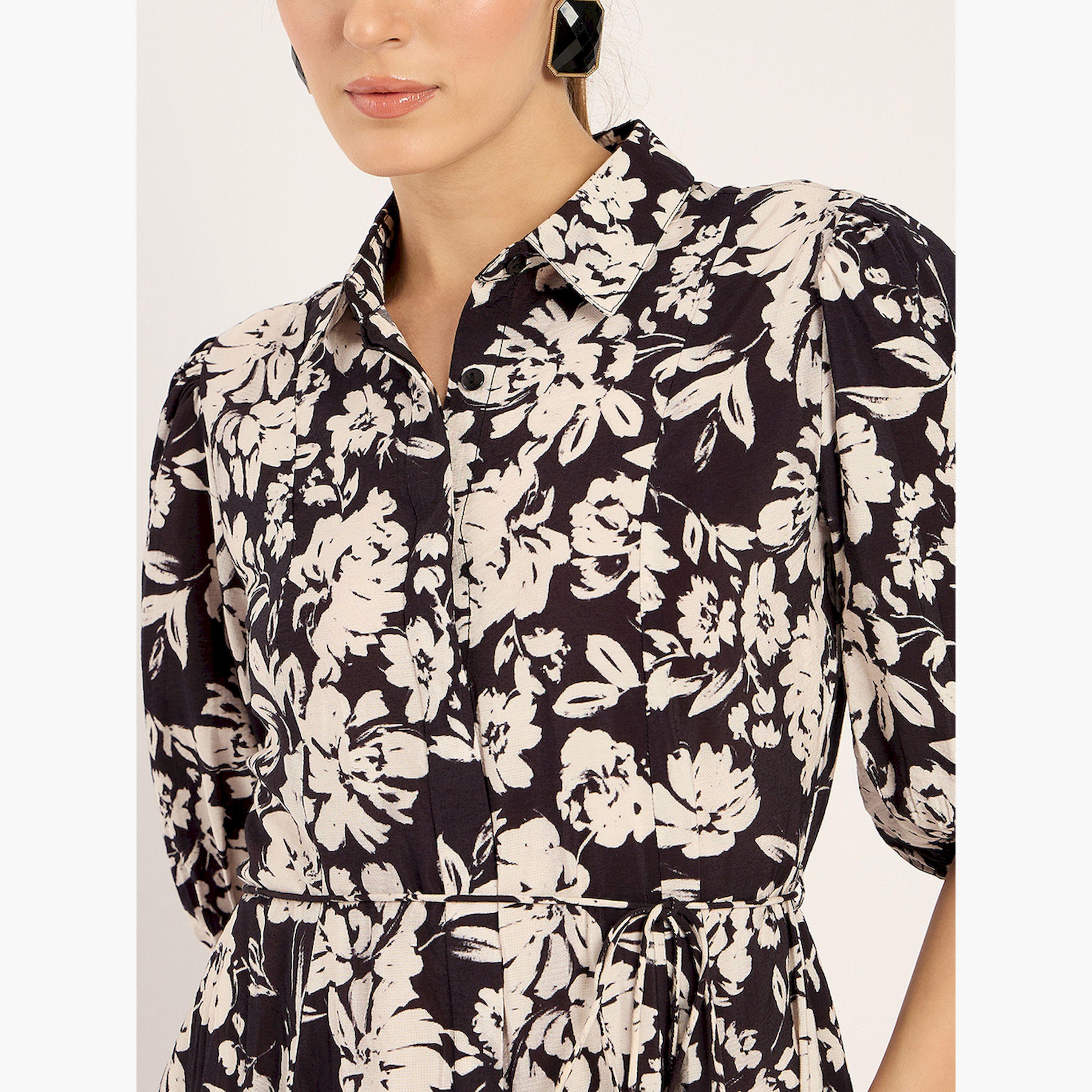 فيميلا × ستايلي-  فستان ميدي ياقة وطبعة زهور-women-clothing-dresses-image-6