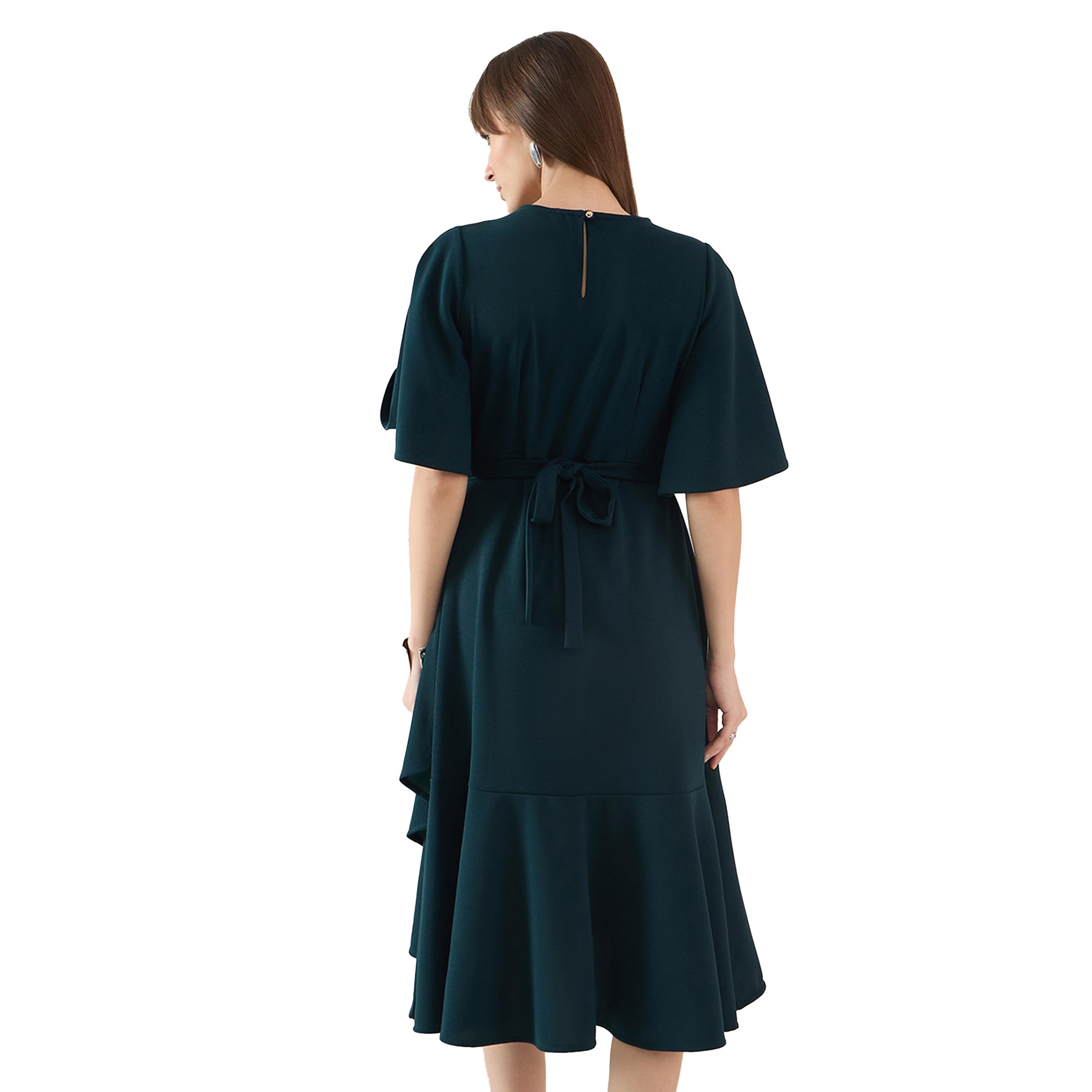 فيميلا × ستايلي-  فستان متوسط ​​الطول بحاشية غير متماثلة سادة-women-clothing-dresses-image-2