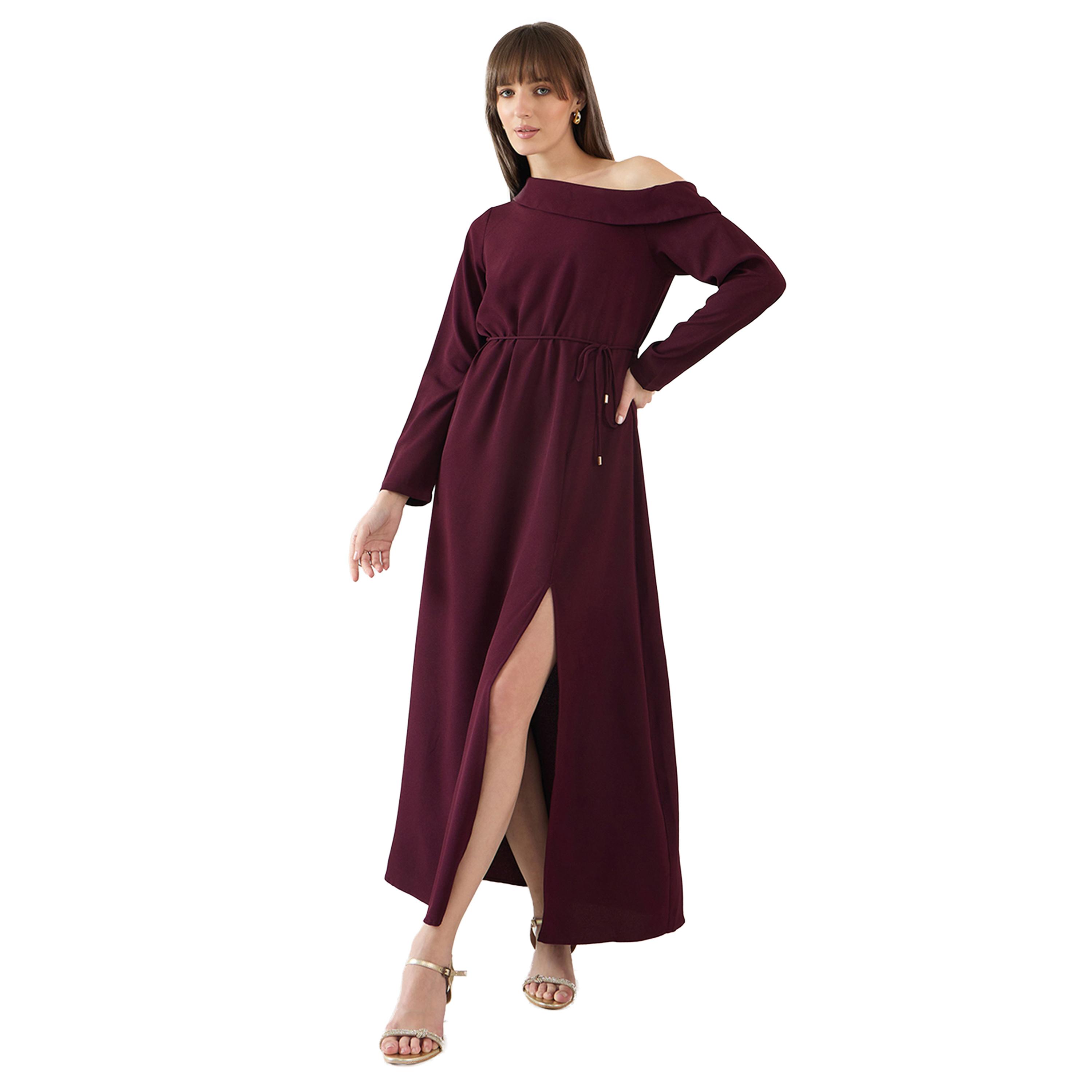 Femmella X Styli Solid Tie Waist Slit Detail A-Line Maxi Dress-women-clothing-dresses-image-1