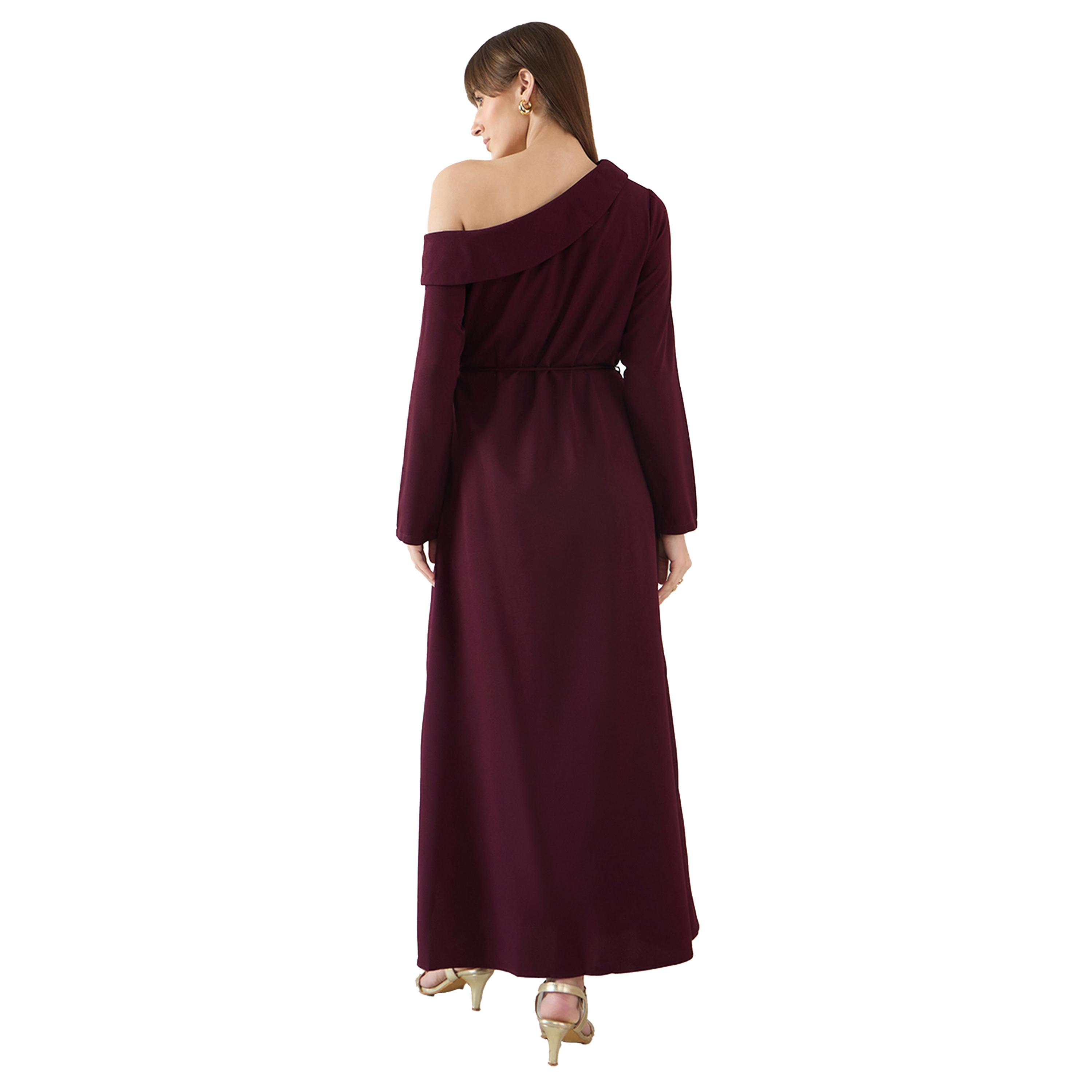 فيميلا × ستايلي-  فستان سادة طويل بتفاصيل فتحة الخصر وربطة عنق-women-clothing-dresses-image-2