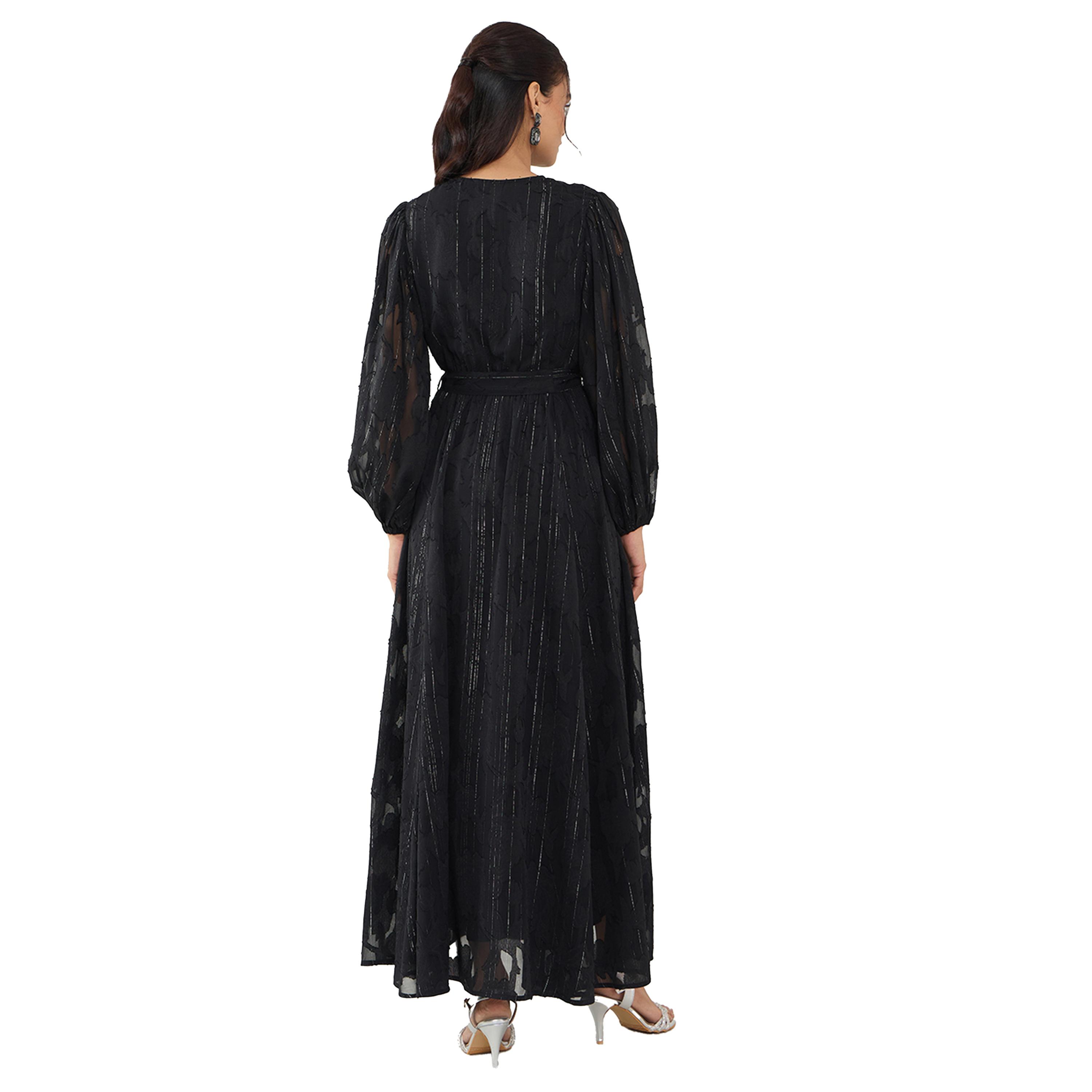 Femmella X Styli Black Self Design Wrap Look A-Line Maxi Dress-women-clothing-dresses-image-2