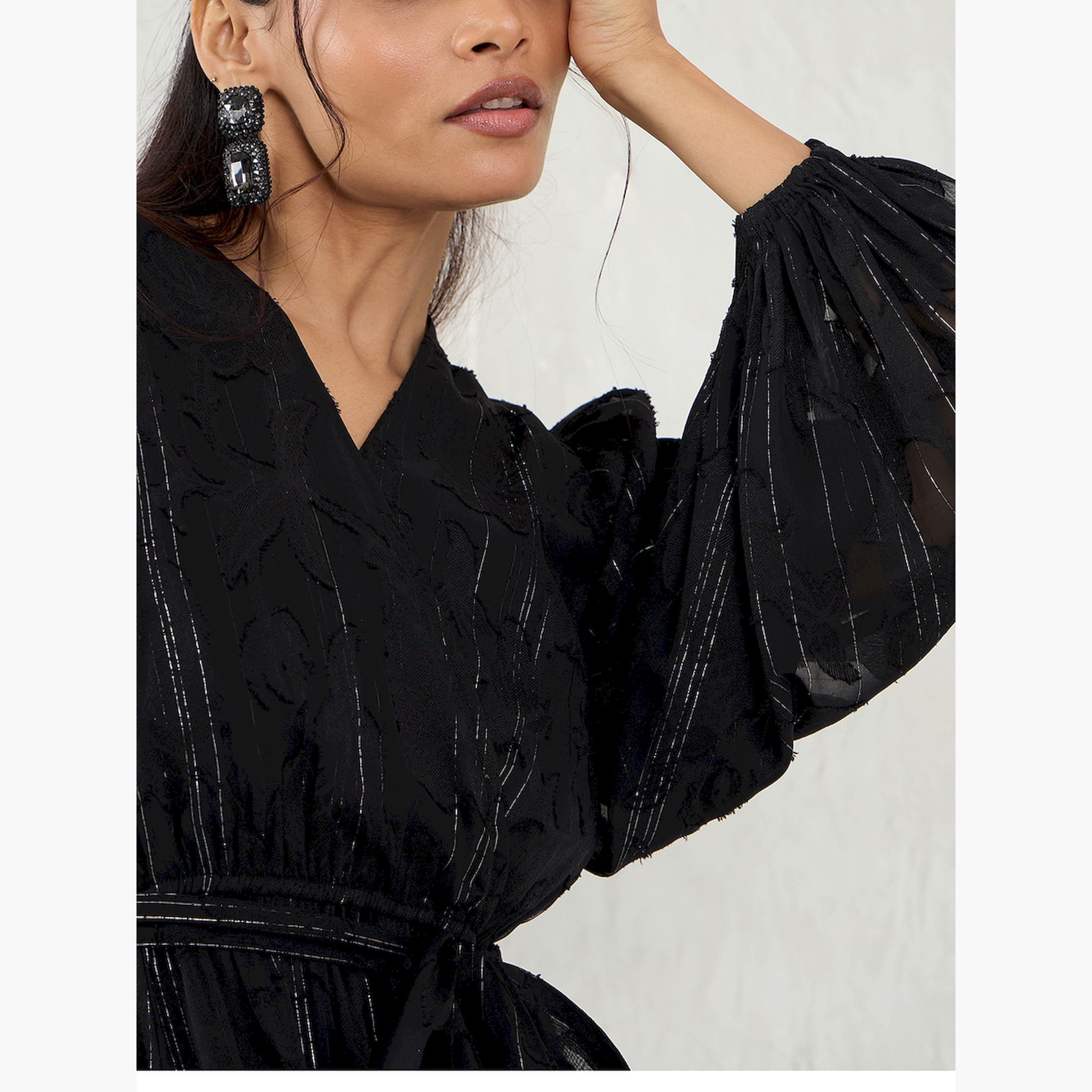 Femmella X Styli Black Self Design Wrap Look A-Line Maxi Dress-women-clothing-dresses-image-4