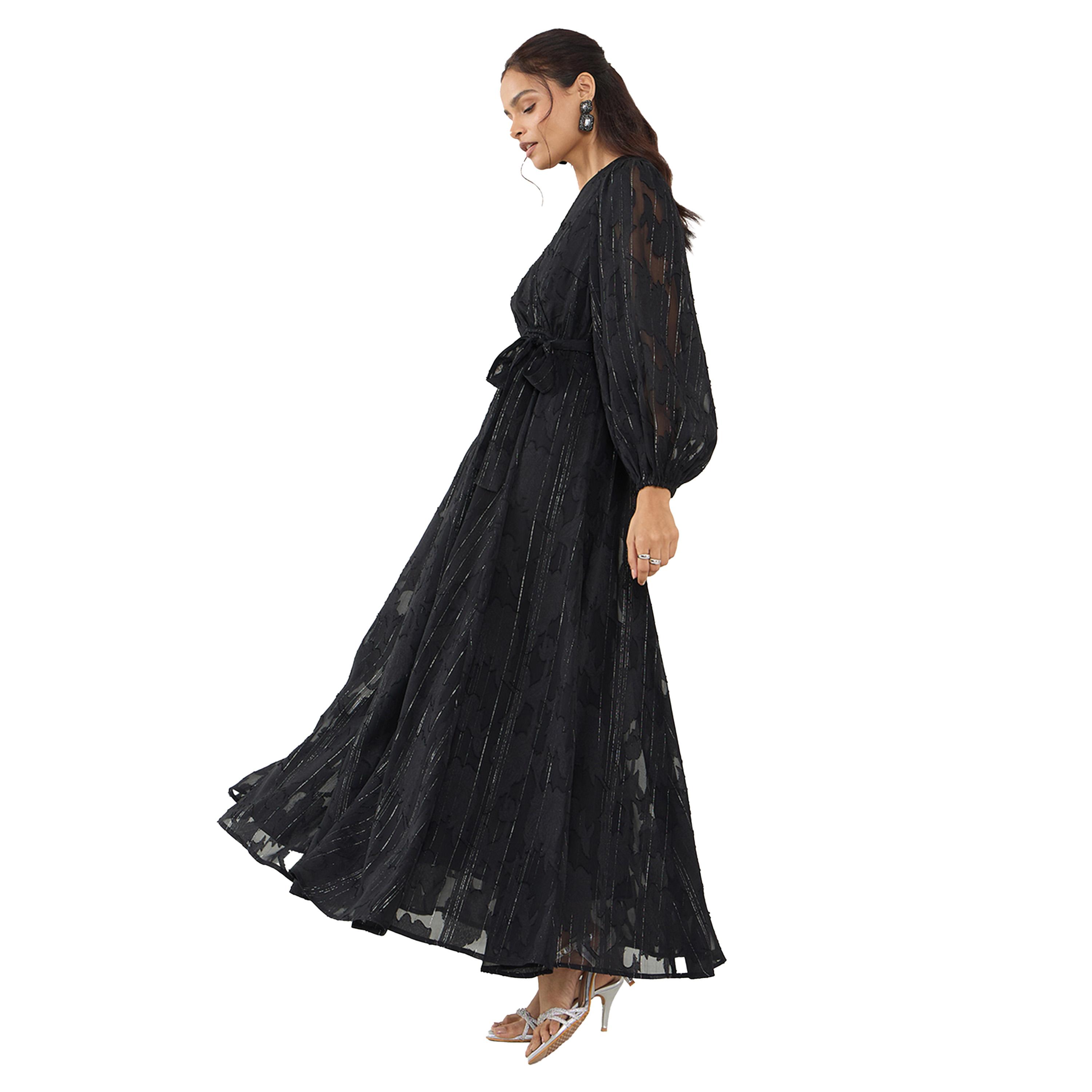 Femmella X Styli Black Self Design Wrap Look A-Line Maxi Dress-women-clothing-dresses-image-5