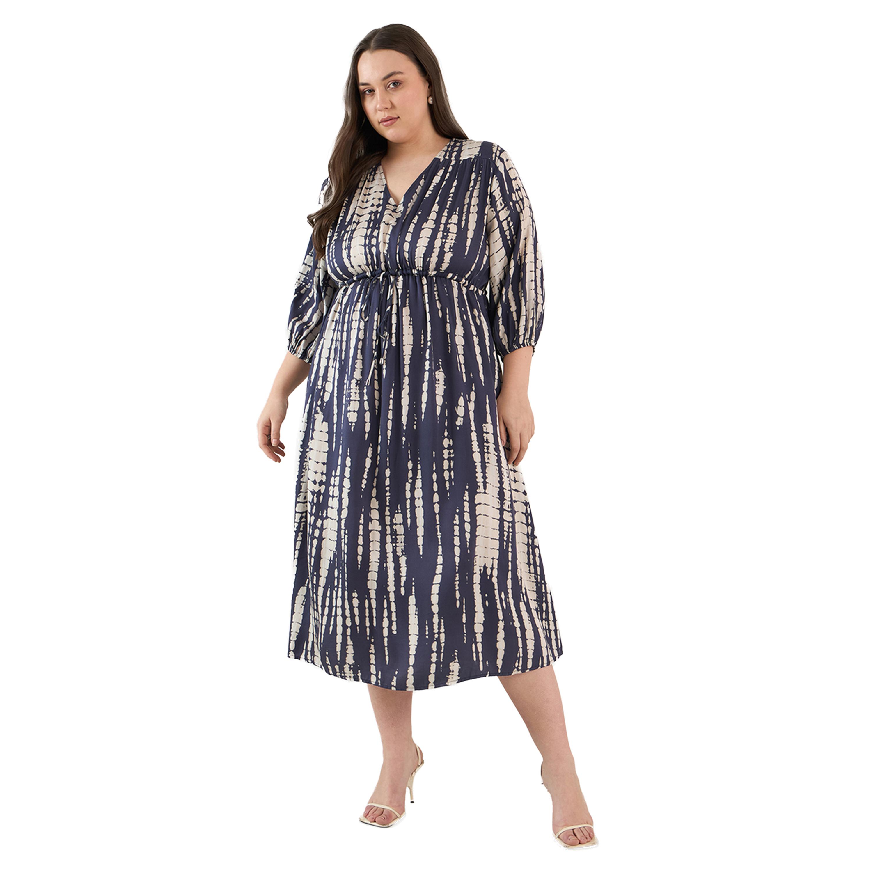 فيميلا × ستايلي-  فستان متوسط ​​الطول قصّة V مع طبعة مصبوغة وربطة عنق مقاس كبير-women-clothing-dresses-image-1