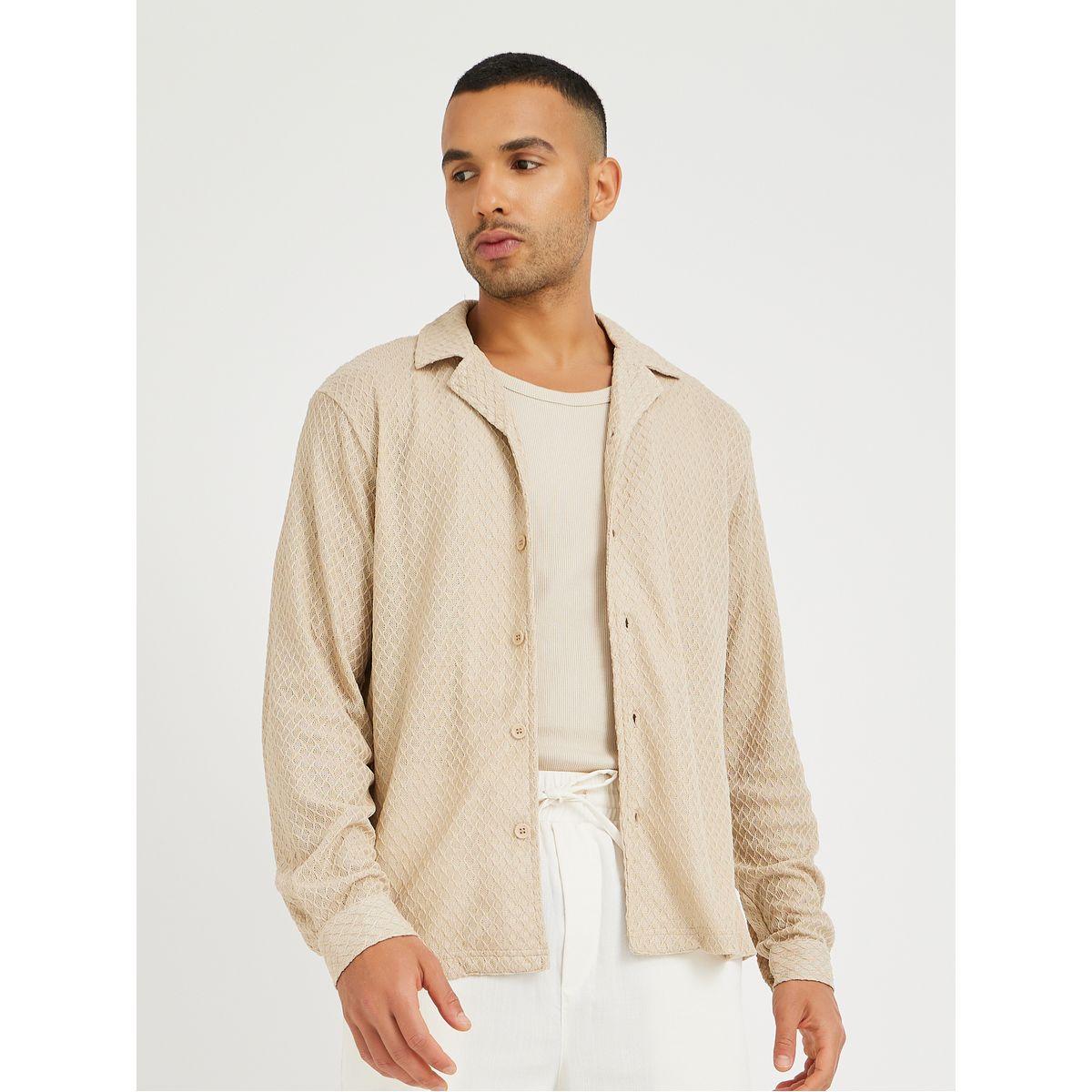 Styli Men Beige Crochet Textured Resort Collar Relaxed Fit Shirt-men-clothing-shirts-image-1
