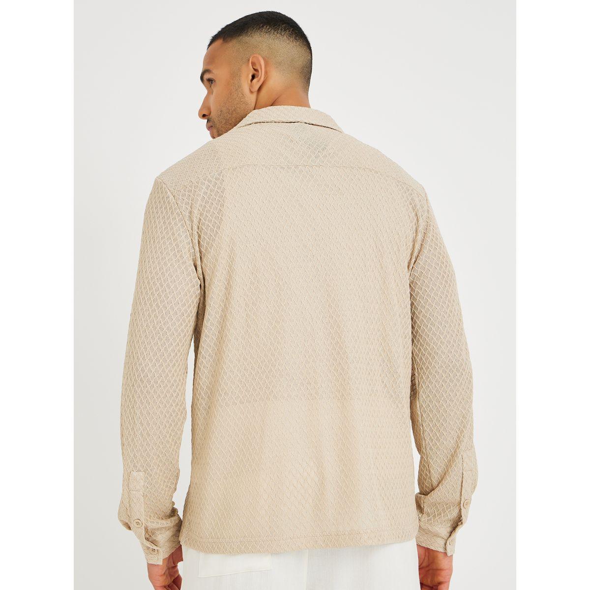 Styli Men Beige Crochet Textured Resort Collar Relaxed Fit Shirt-men-clothing-shirts-image-4