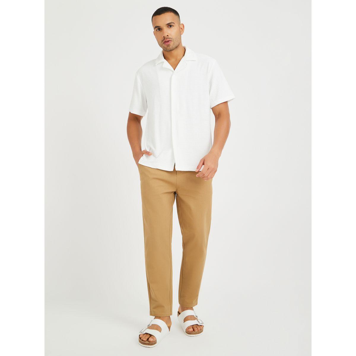 Styli Men White Waffle Textured Resort Collar Relaxed Fit Shirt-men-clothing-shirts-image-2