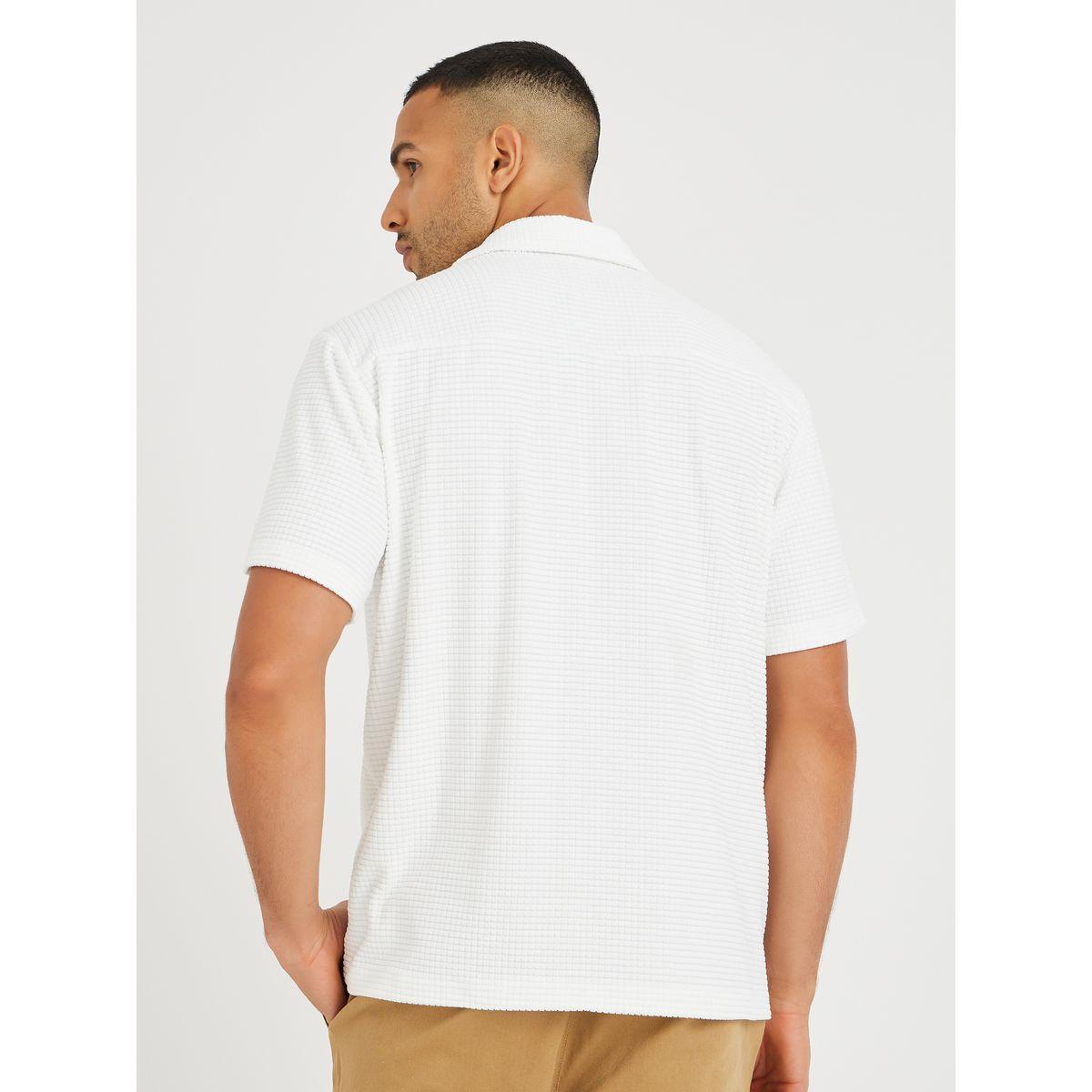 Styli Men White Waffle Textured Resort Collar Relaxed Fit Shirt-men-clothing-shirts-image-4
