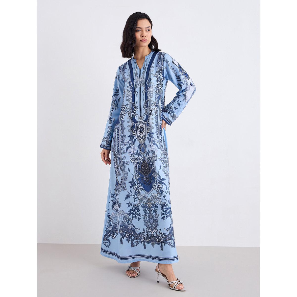 Styli Women Blue Maxi Jalabiya with Matching Scarf-women-arabicclothing-jalabiyas-image-2
