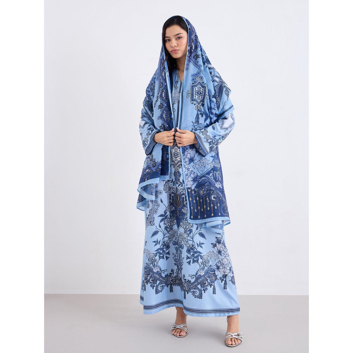 Styli Women Blue Maxi Jalabiya with Matching Scarf-women-arabicclothing-jalabiyas-image-6