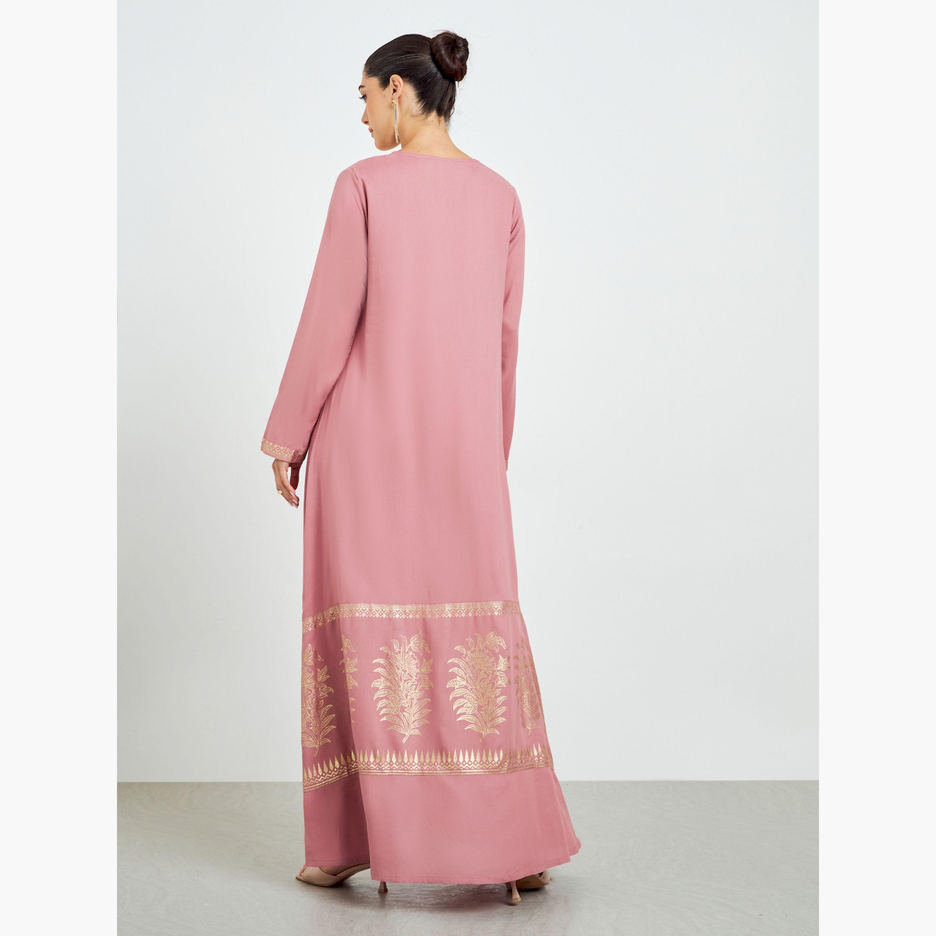 Styli Pink Foil Print A-Line Jalabiya-women-arabicclothing-jalabiyas-image-4