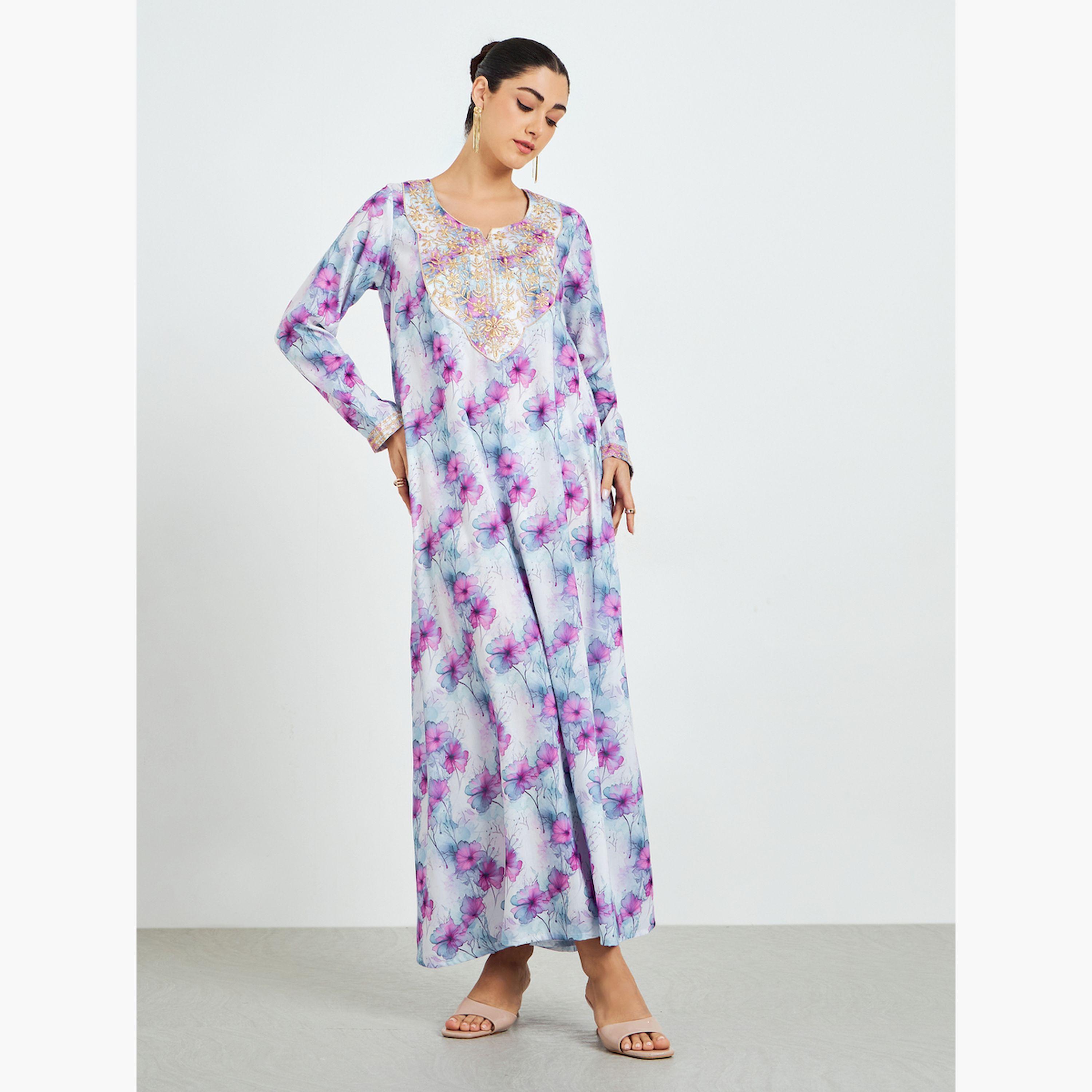 جلابية بطبعة زهور وتفاصيل مُطرّزة-women-arabicclothing-jalabiyas-image-3