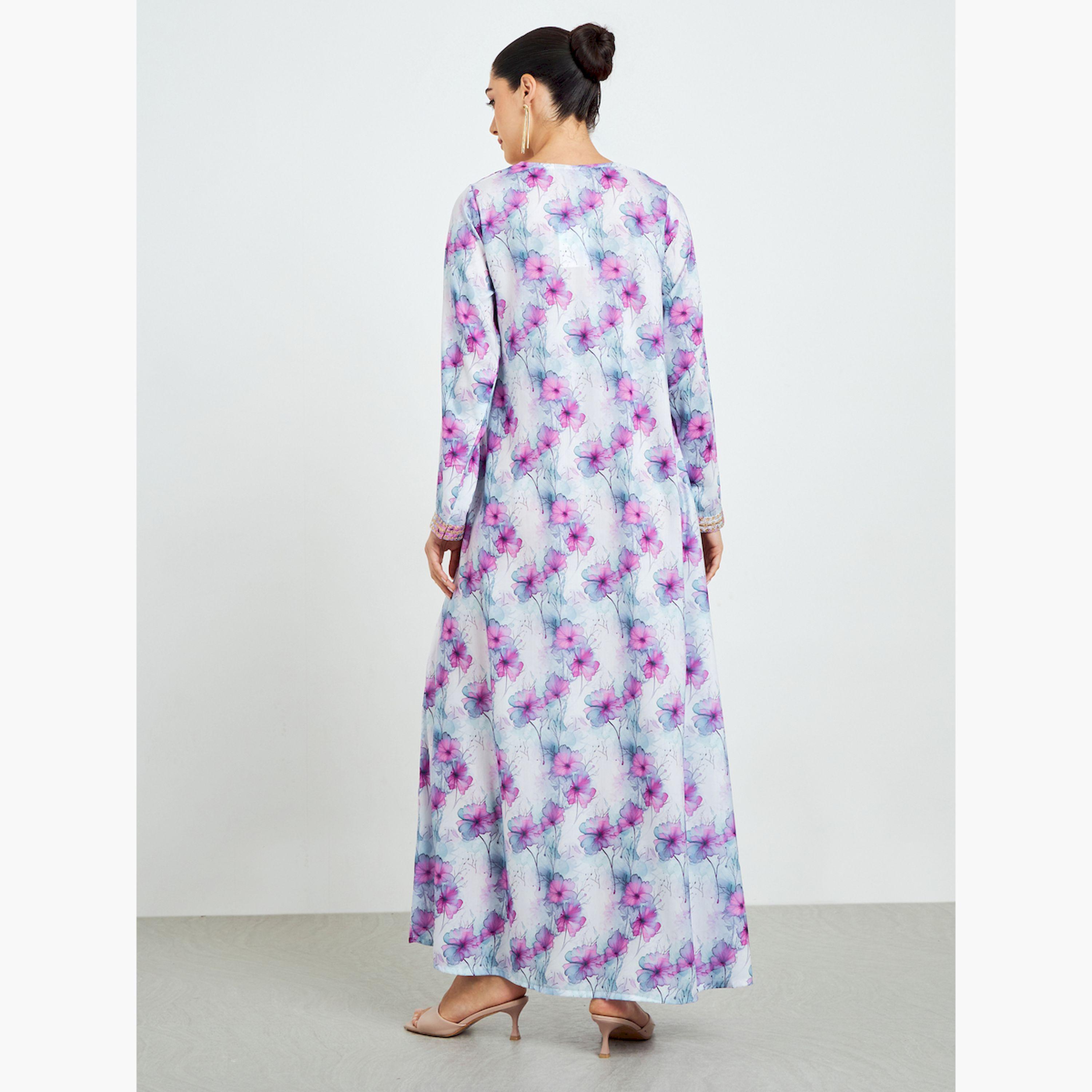 جلابية بطبعة زهور وتفاصيل مُطرّزة-women-arabicclothing-jalabiyas-image-4