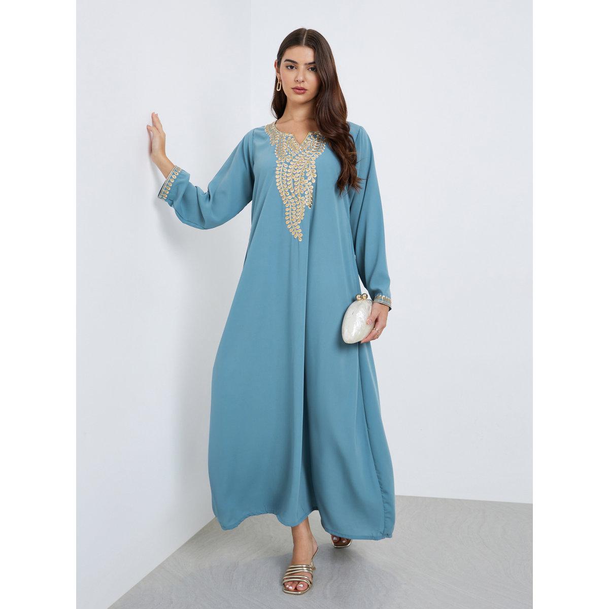 Amirah X Styli Blue Embroidered A-Line Jalabiya-women-arabicclothing-jalabiyas-image-1