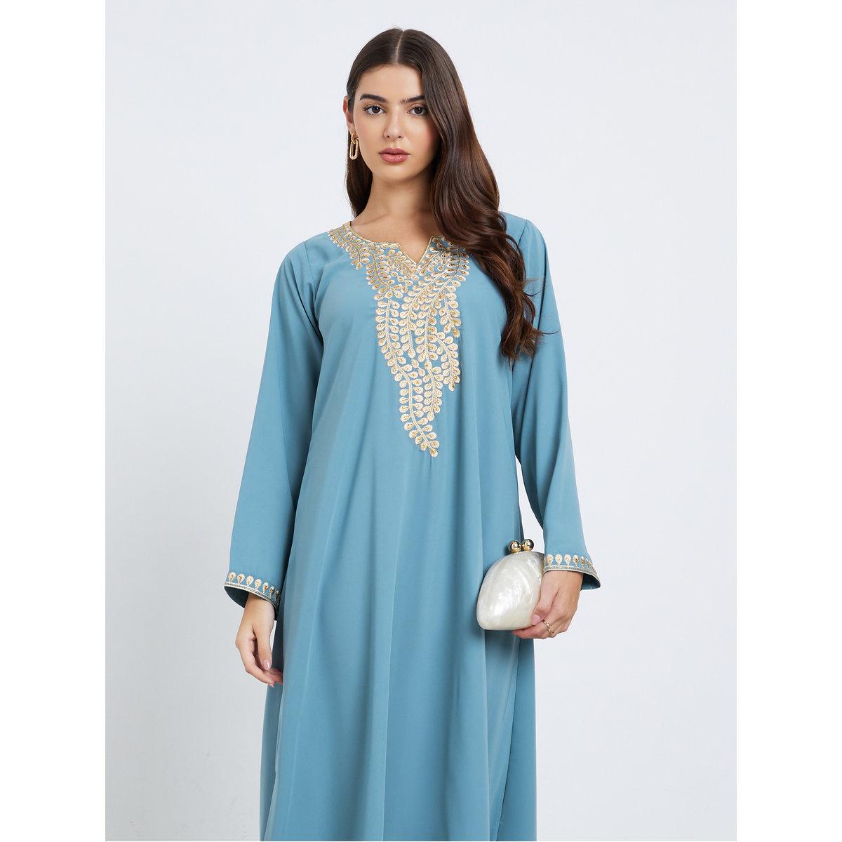 Amirah X Styli Blue Embroidered A-Line Jalabiya-women-arabicclothing-jalabiyas-image-2