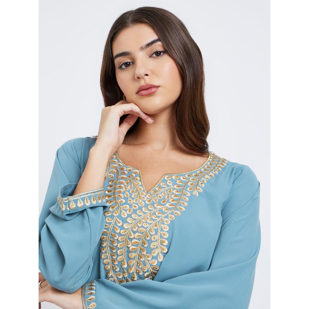 Amirah X Styli Blue Embroidered A-Line Jalabiya-women-arabicclothing-jalabiyas-image-3