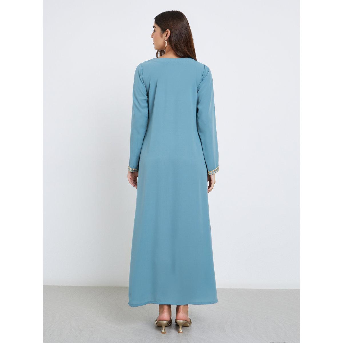 Amirah X Styli Blue Embroidered A-Line Jalabiya-women-arabicclothing-jalabiyas-image-4